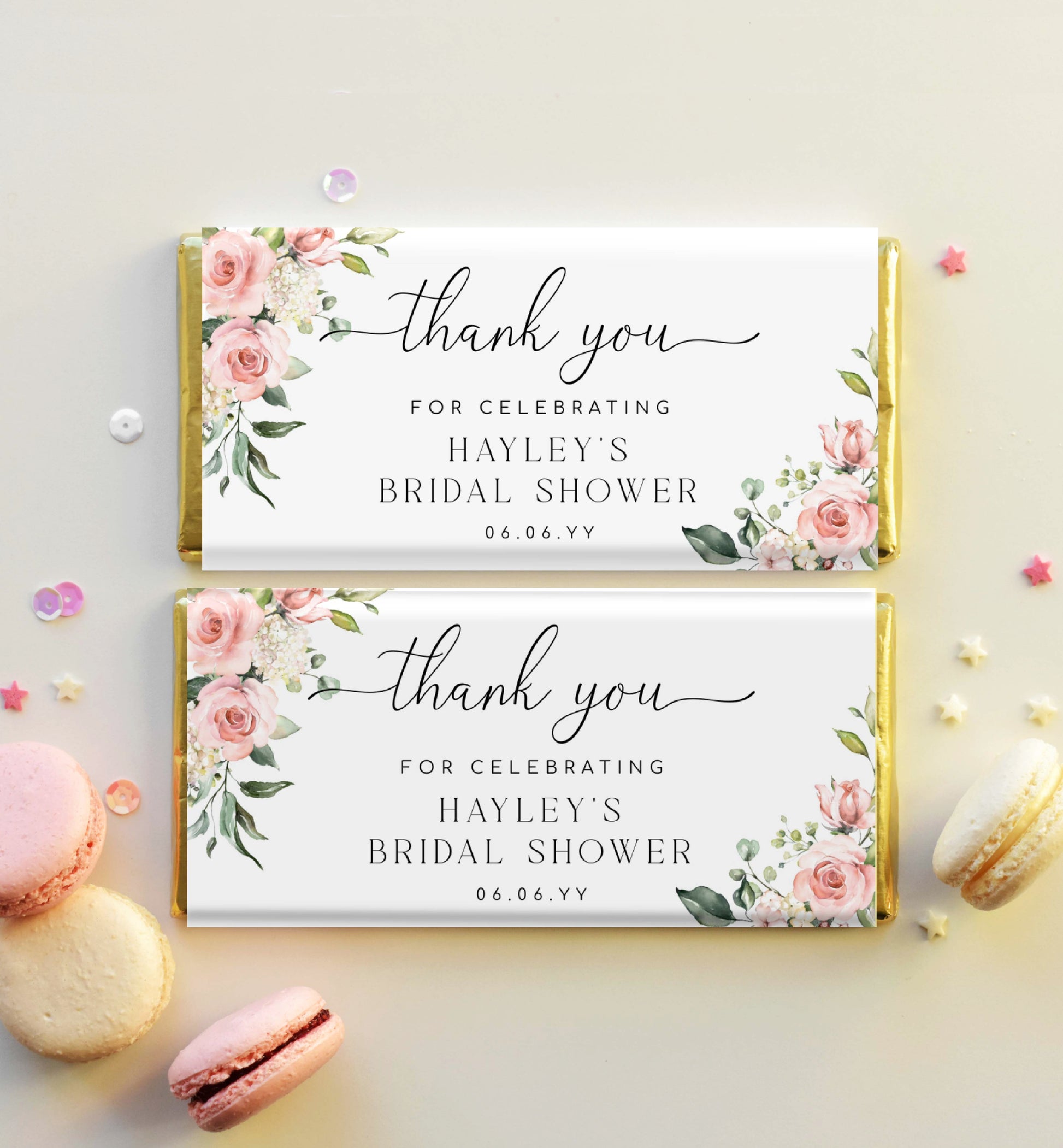 Printable Chocolate Wrapper Template, Blush Floral Wedding Thank You Favors, Bridal Shower Favors, Baby Shower Favors, Darcy Pink