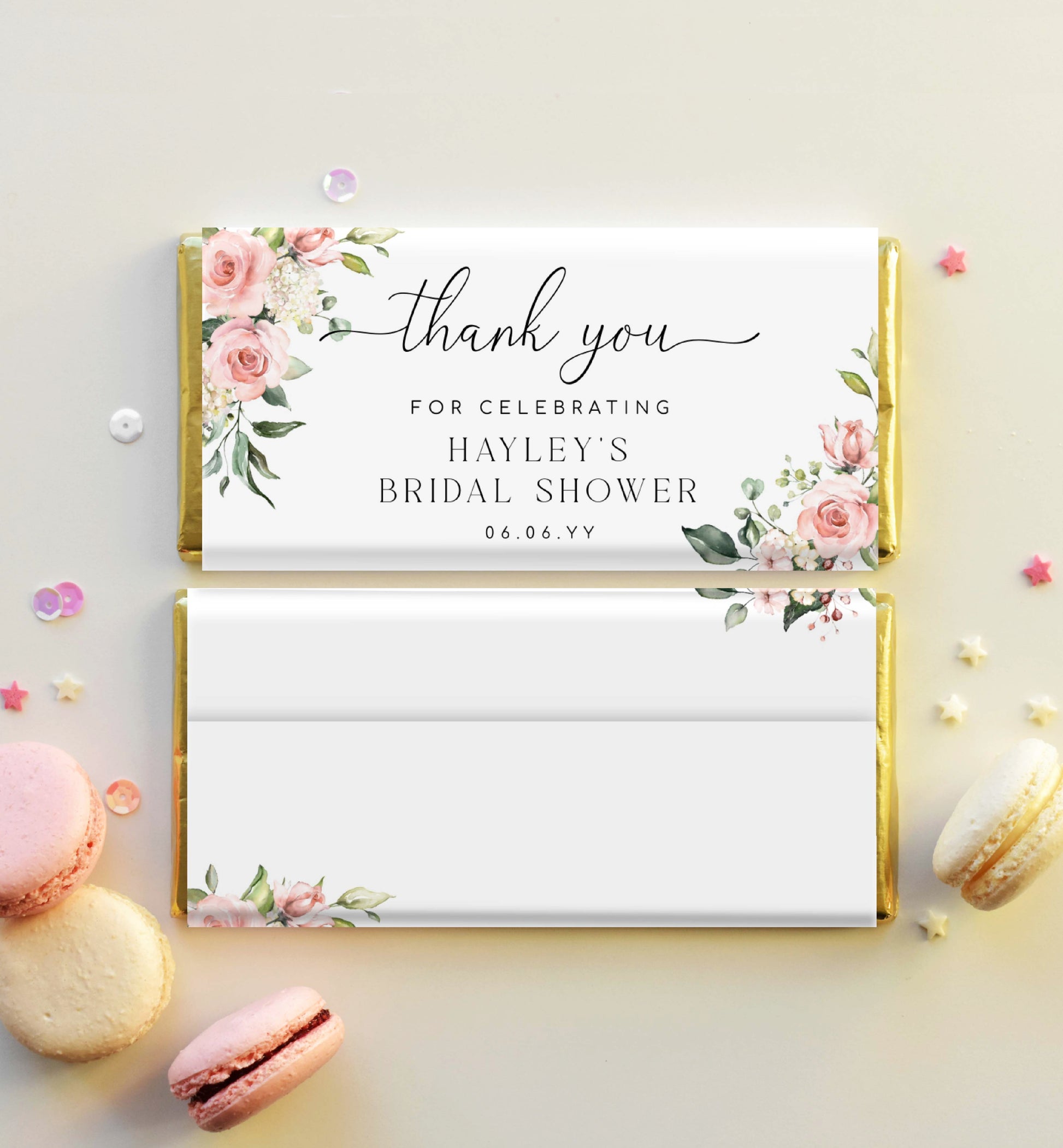 Printable Chocolate Wrapper Template, Blush Floral Wedding Thank You Favors, Bridal Shower Favors, Baby Shower Favors, Darcy Pink