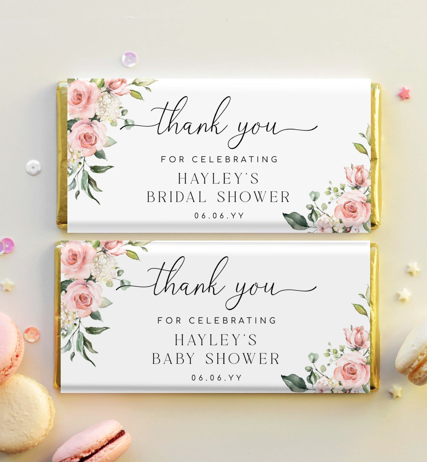 Printable Chocolate Wrapper Template, Blush Floral Wedding Thank You Favors, Bridal Shower Favors, Baby Shower Favors, Darcy Pink