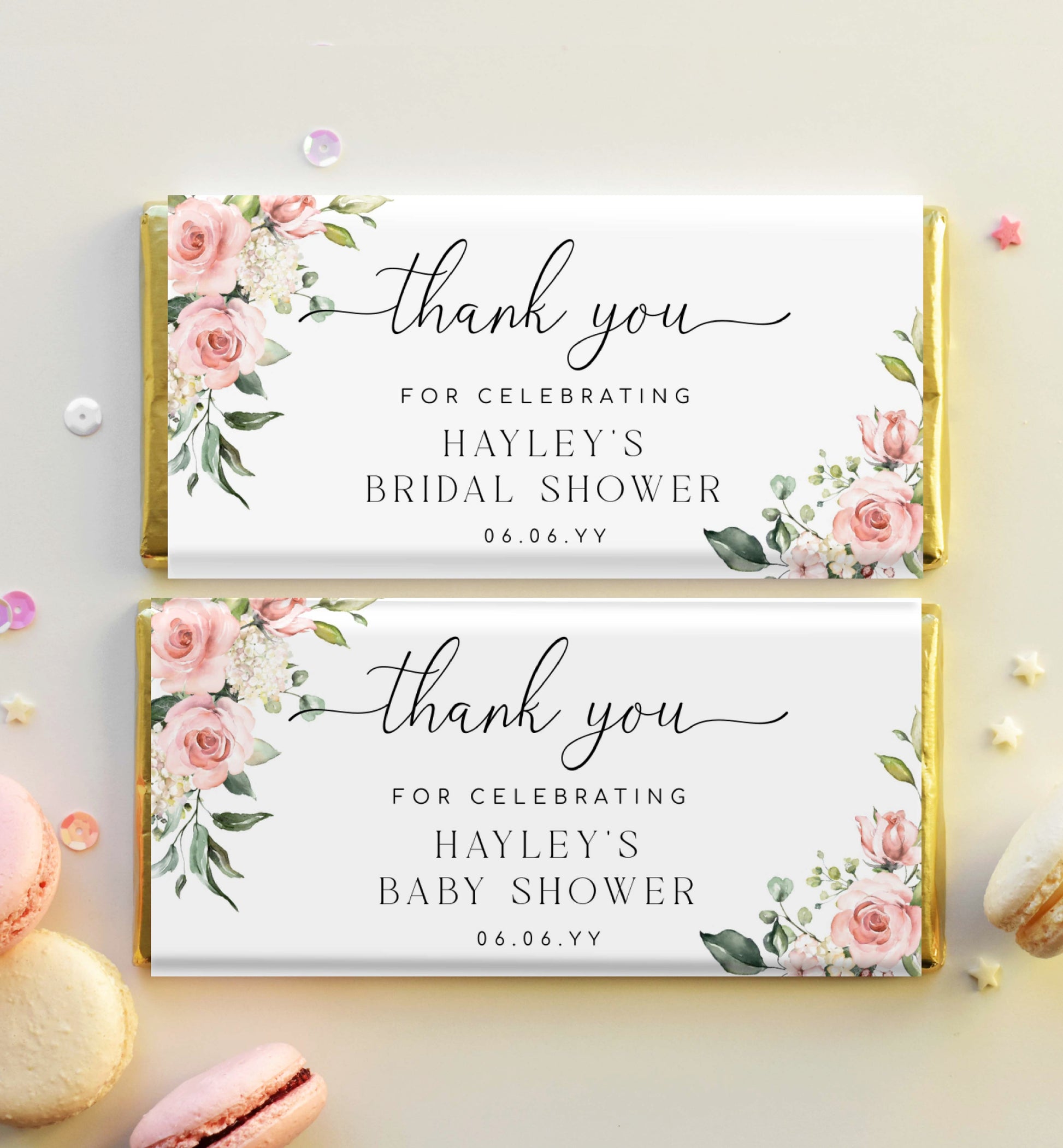 Printable Chocolate Wrapper Template, Blush Floral Wedding Thank You Favors, Bridal Shower Favors, Baby Shower Favors, Darcy Pink