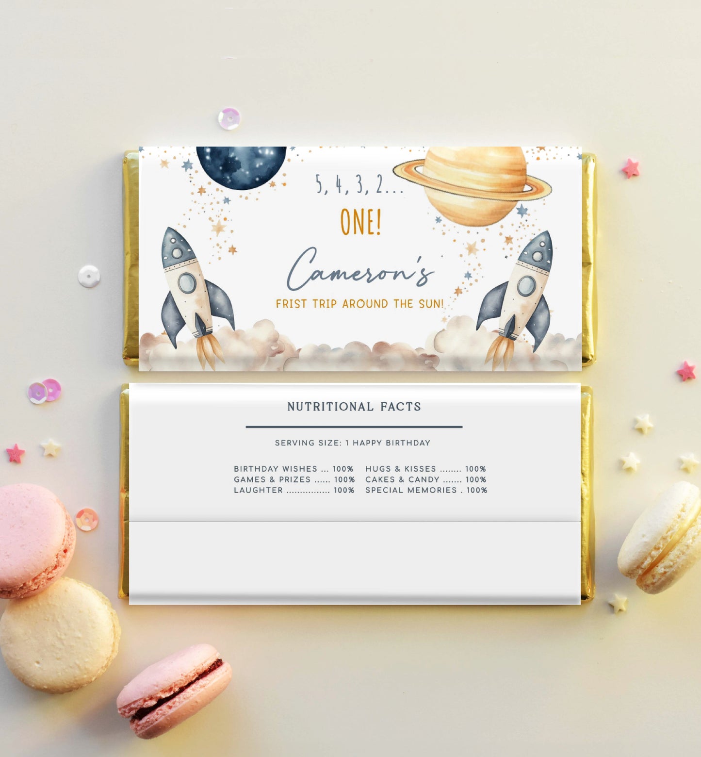 Space White | Printable First Birthday Chocolate Bar Favour Wrappers Template