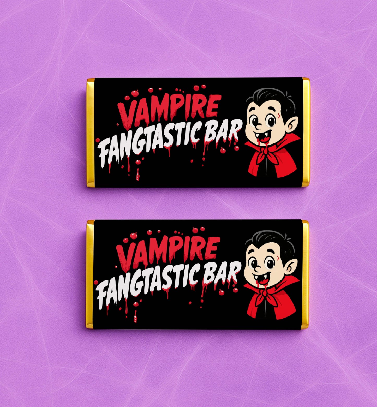 Two 'Vampire Fangtastic Bar' candy bars on a purple background. Printable Halloween Chocolate Wrapper, Vampire Chocolate Wrapper, Trick Or Treat Gift Tag, Classroom Halloween Gift, Kids Halloween