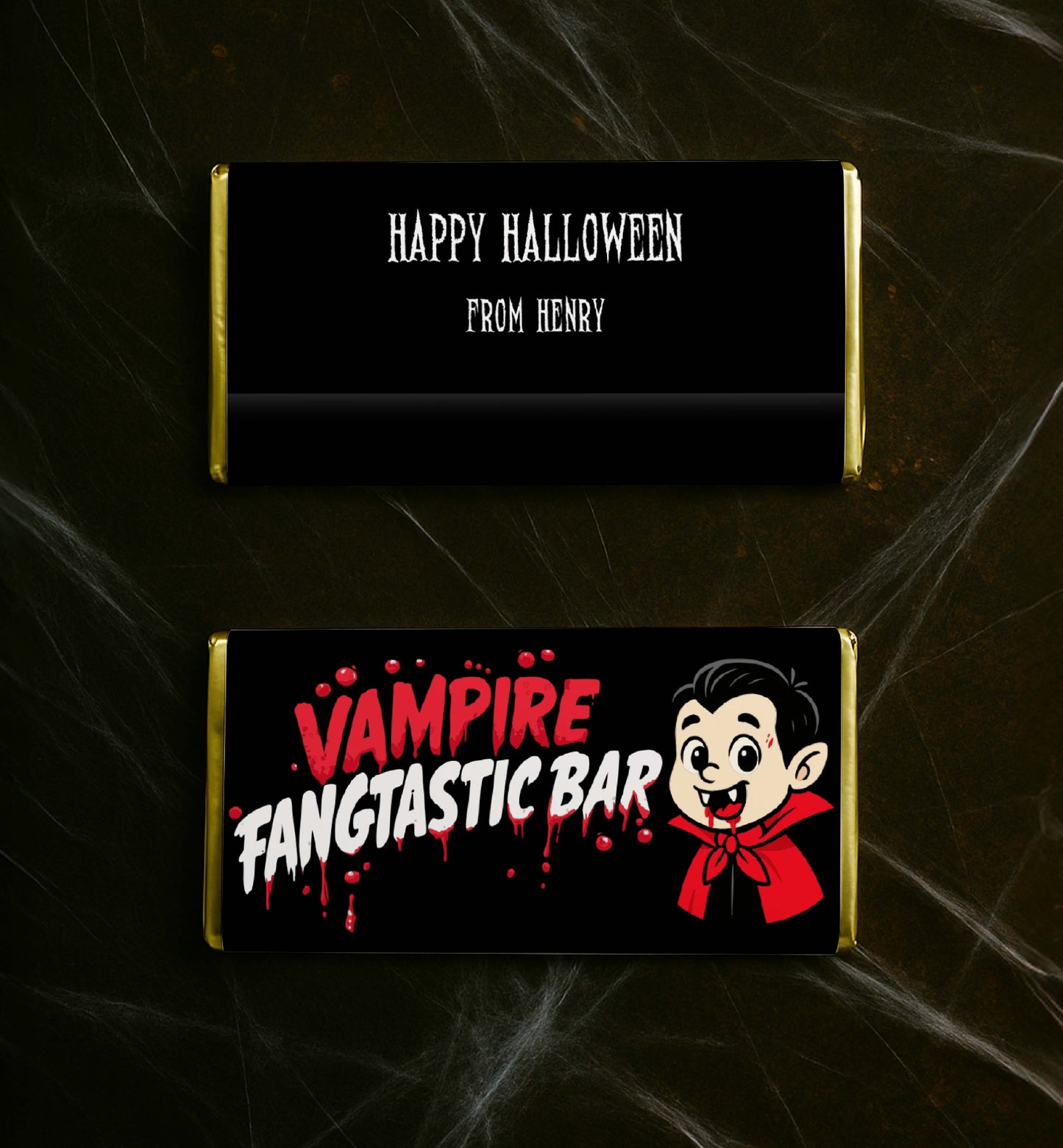 Halloween-themed candy bars with personalized text on a dark spider web background. Printable Halloween Chocolate Wrapper, Vampire Chocolate Wrapper, Trick Or Treat Gift Tag, Classroom Halloween Gift, Kids Halloween