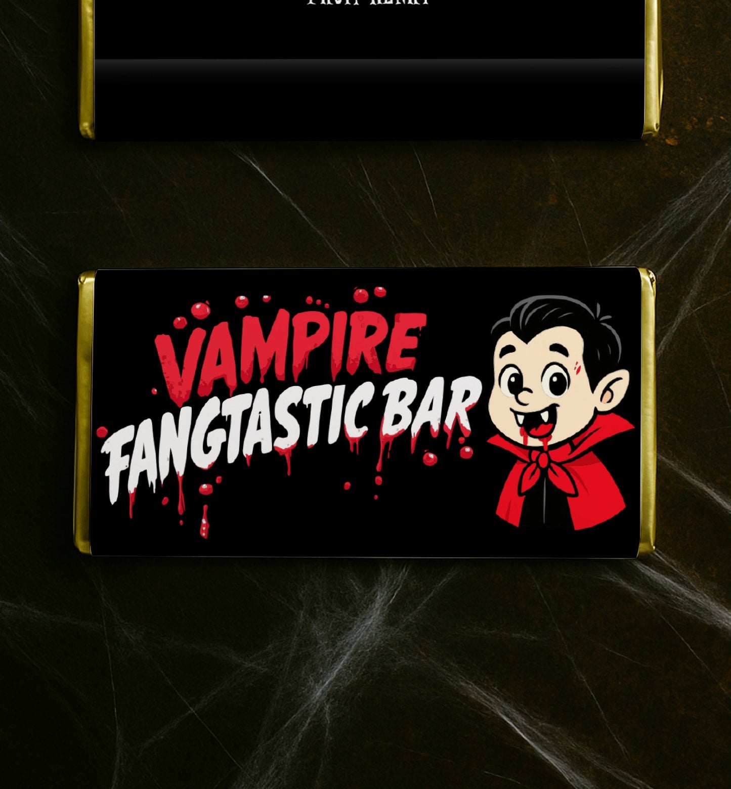 Chocolate bar packaging with 'Vampire Fangtastic Bar' text and cartoon character on a dark background. Printable Halloween Chocolate Wrapper, Vampire Chocolate Wrapper, Trick Or Treat Gift Tag, Classroom Halloween Gift, Kids Halloween
