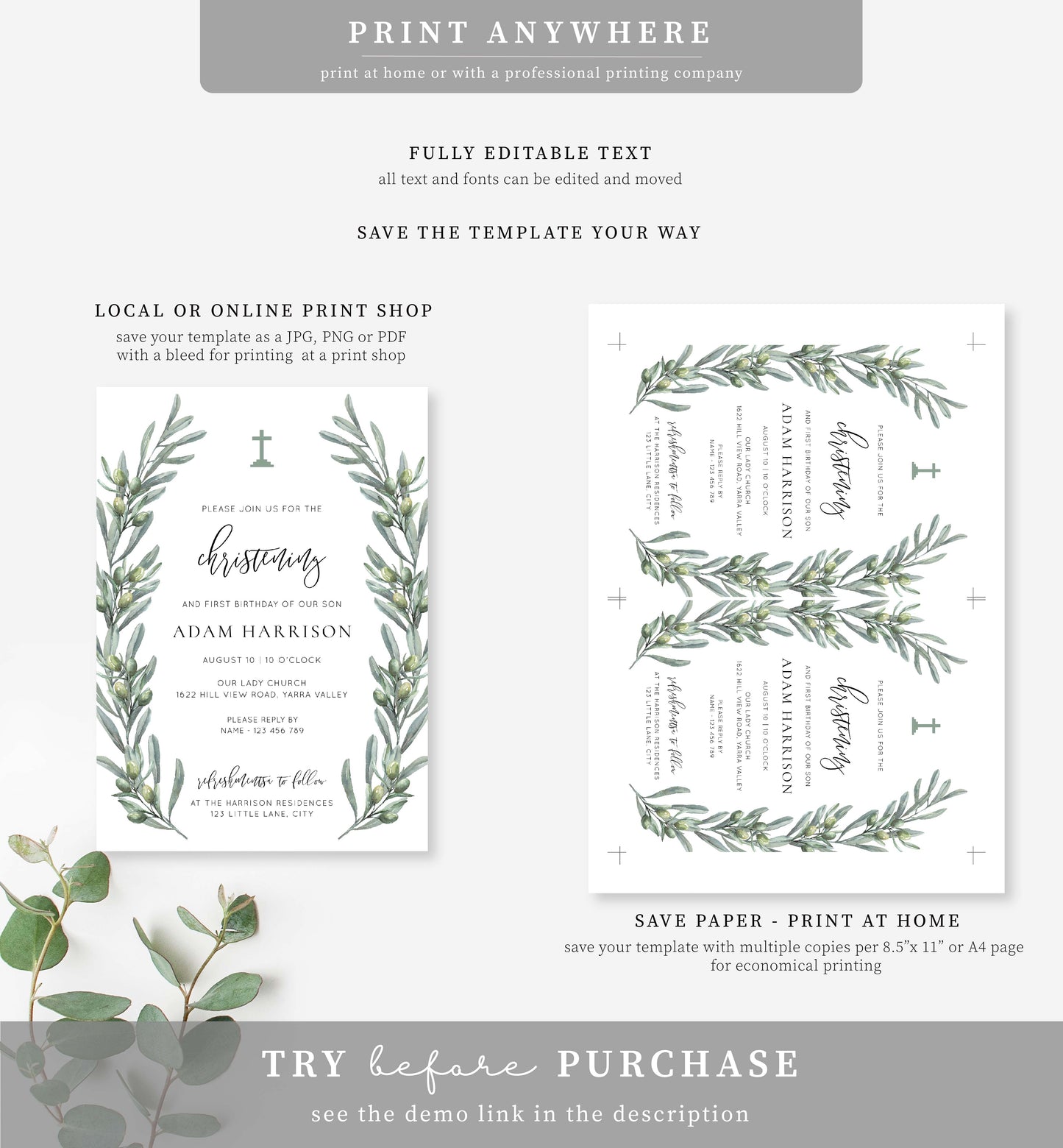 Olive Grove Green | Printable Christening Invitation Template