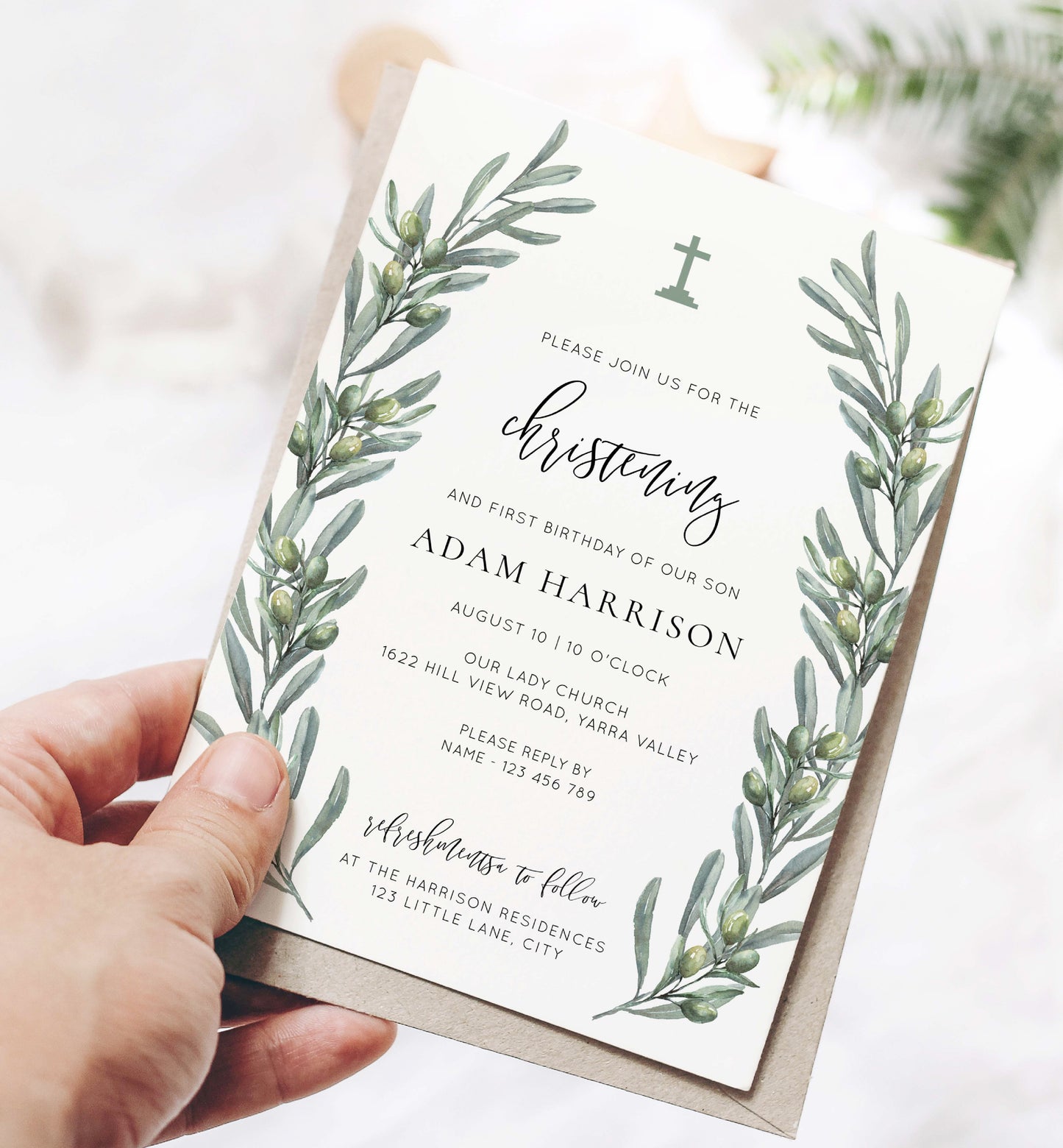Printable Christening Invitation Template, Italian Olive Leaves Boy Birthday Invitation, Baptism Invitation, Religious Invite, Olive Grove