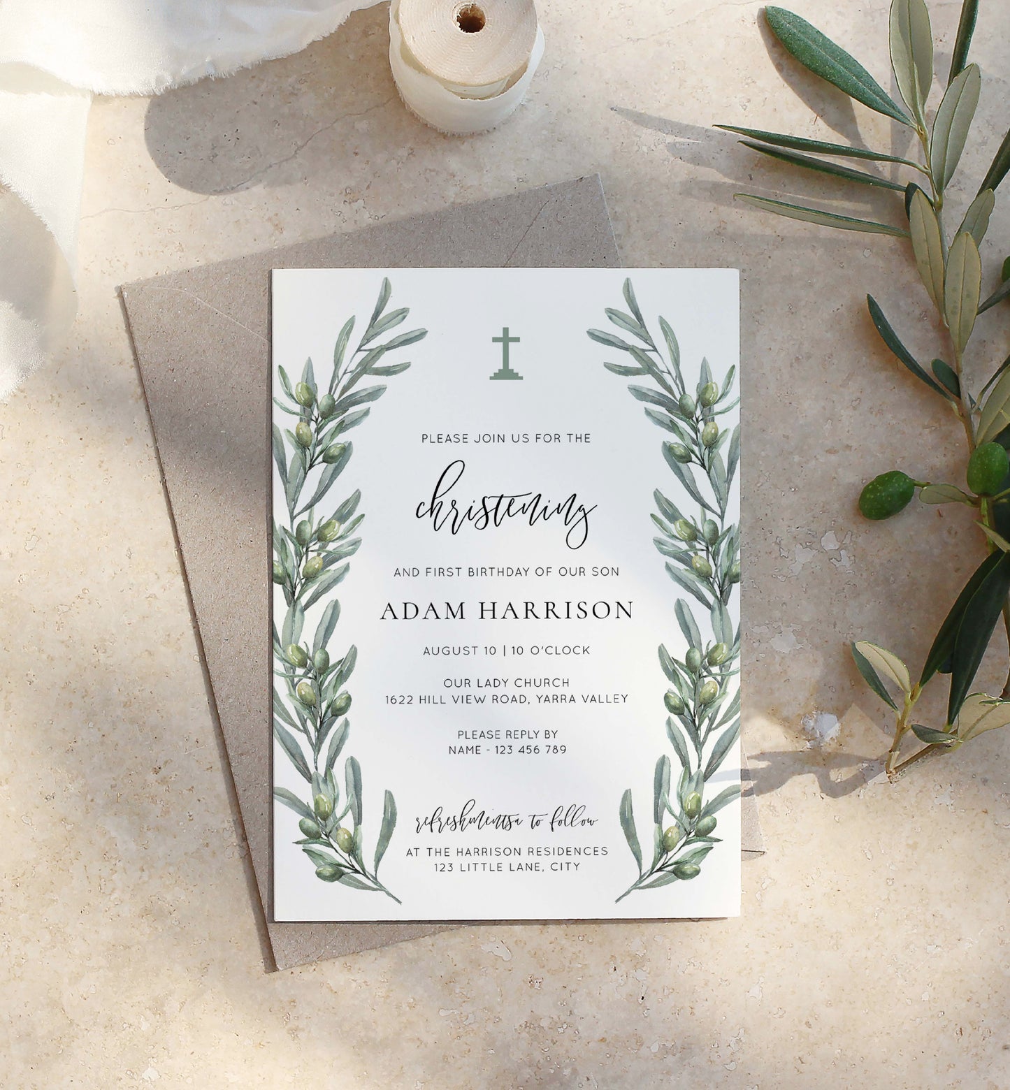 Printable Christening Invitation Template, Italian Olive Leaves Boy Birthday Invitation, Baptism Invitation, Religious Invite, Olive Grove