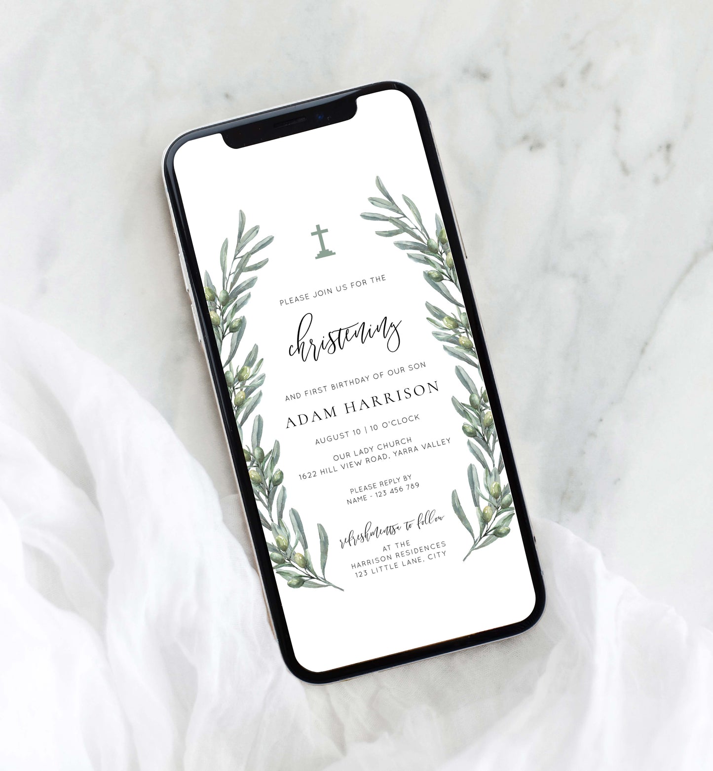 Digital Christening Smartphone Invitation, Text Message First Birthday Invitation Template, Evite, Italian Olive Leaves, Olive Grove