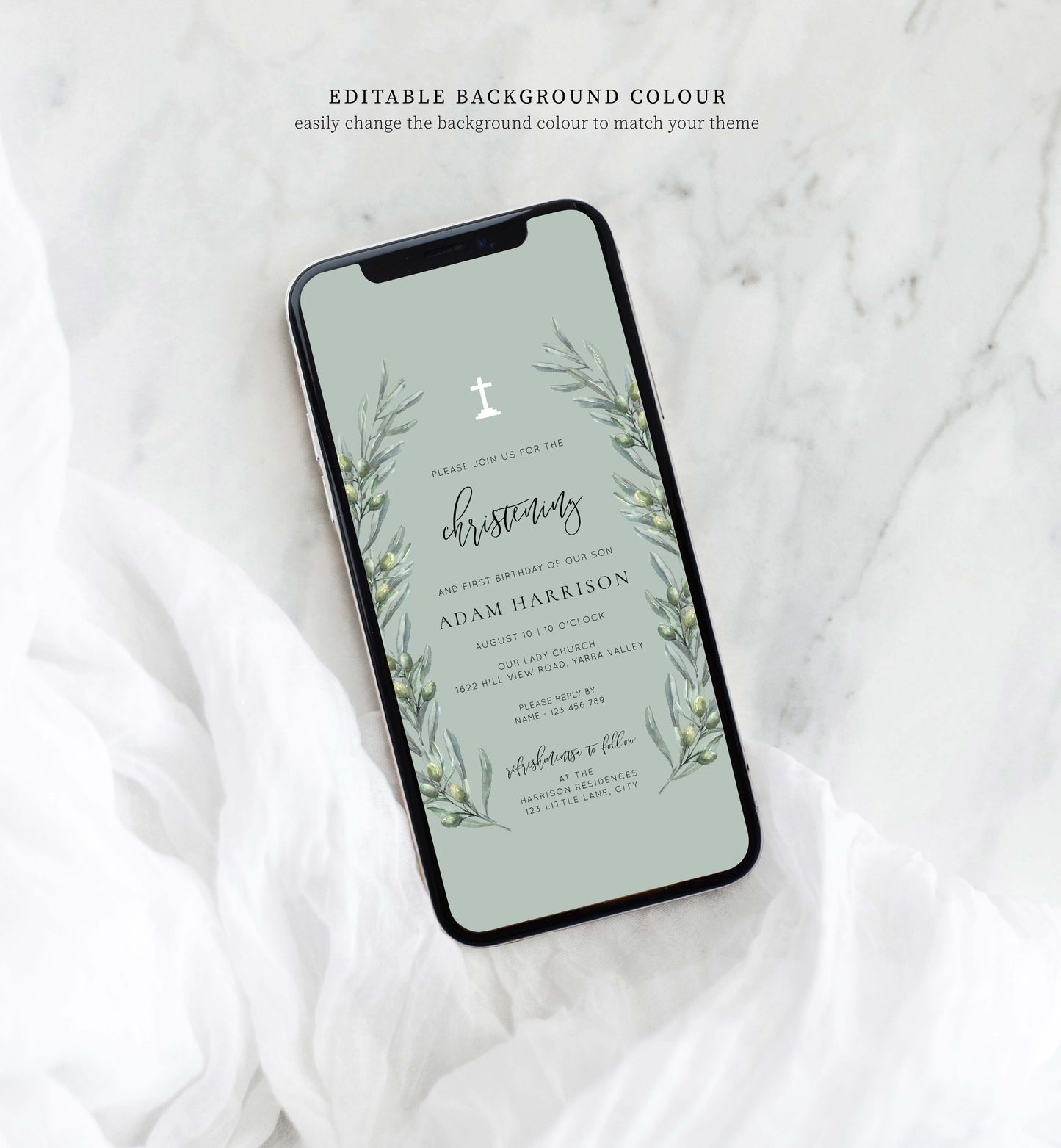 Digital Christening Smartphone Invitation, Text Message First Birthday Invitation Template, Evite, Italian Olive Leaves, Olive Grove