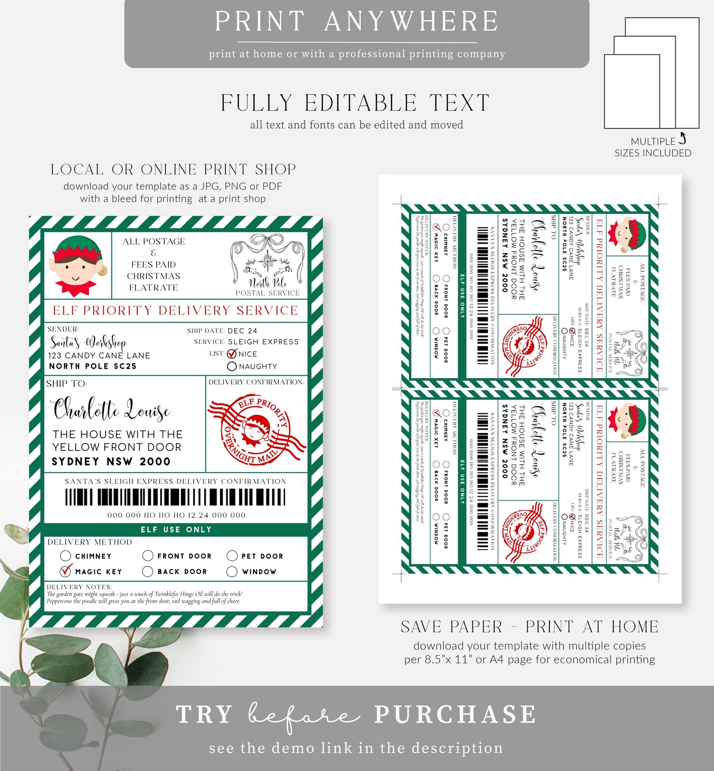 Santa's Workshop Green | Printable Elf Christmas Shipping Label Template