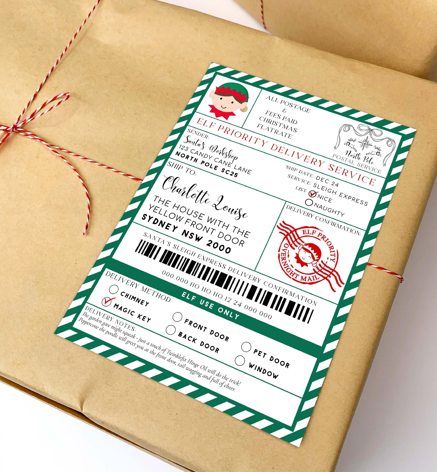 Gift package with a festive label on brown paper. Printable Elf Arrival Box Shipping Label Sticker, North Pole Elf Mail Gift Tag, Santa's Workshop Christmas Special Delivery Shipping Label