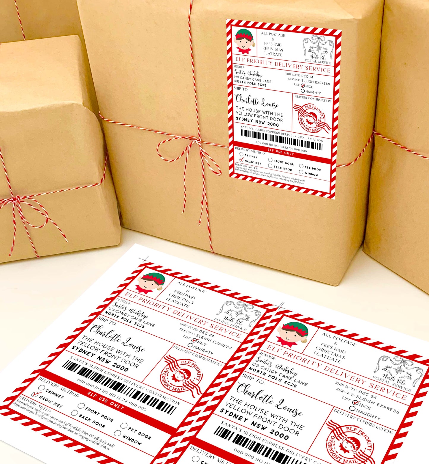 Brown paper packages tied with red string on a white surface with matching labels. Printable Elf Arrival Box Shipping Label Sticker, North Pole Elf Mail Gift Tag, Santa's Workshop Christmas Special Delivery Shipping Label