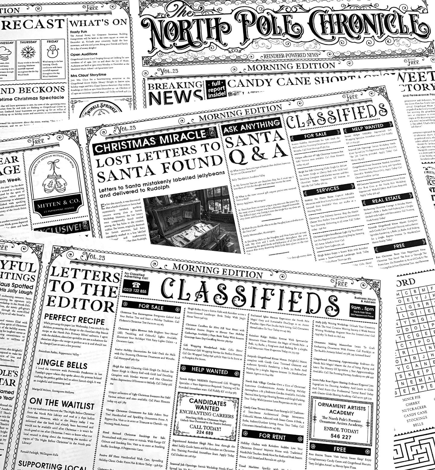 North Pole Chronicle Christmas Newspaper Wrapping Paper | 3 Sheets