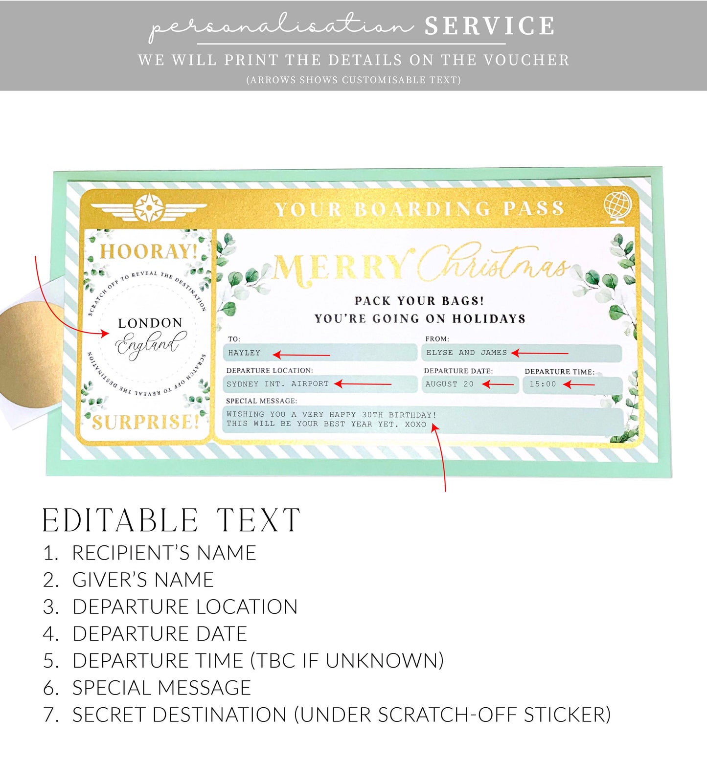 Ferras Greenery Gold | Scratch-off Christmas Boarding Pass