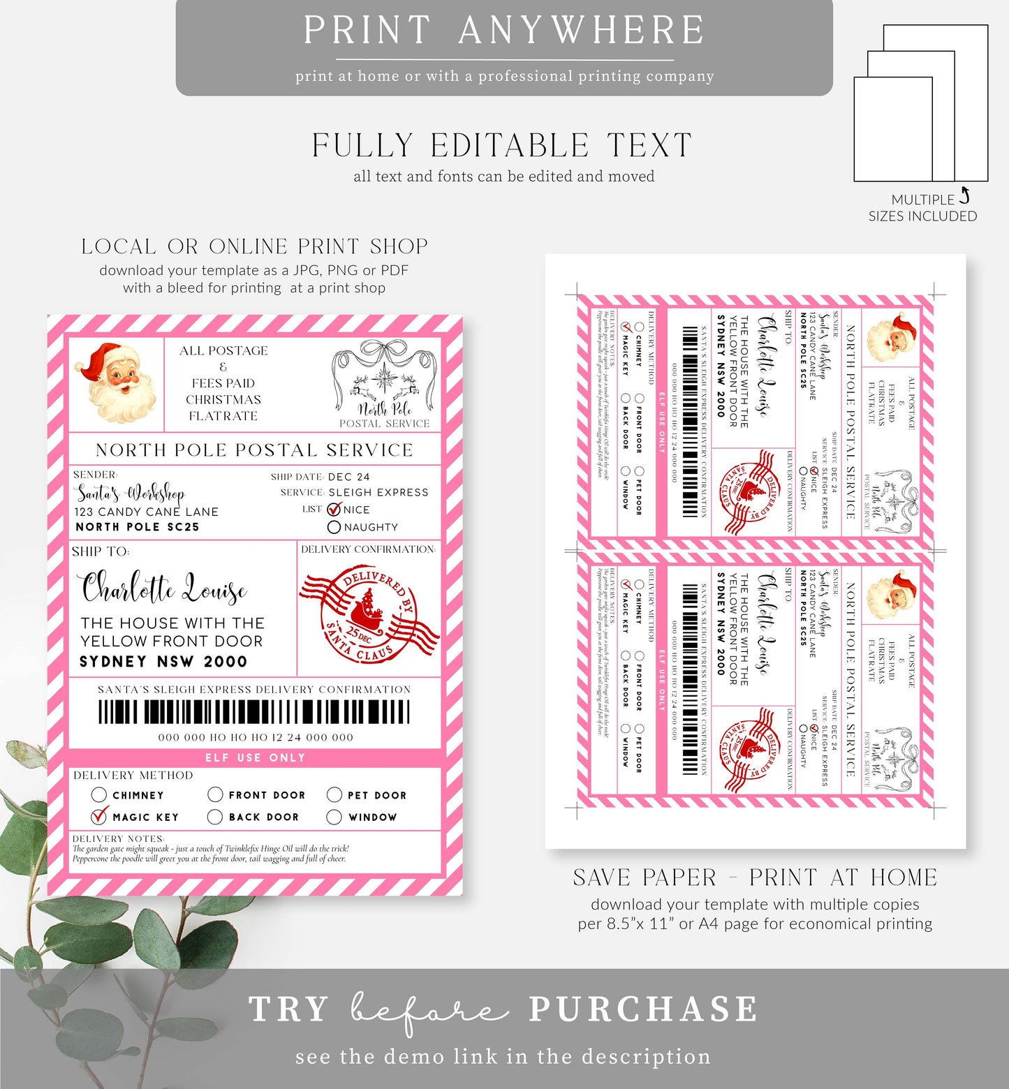 Santa's Workshop Pink | Printable Christmas Shipping Label Template