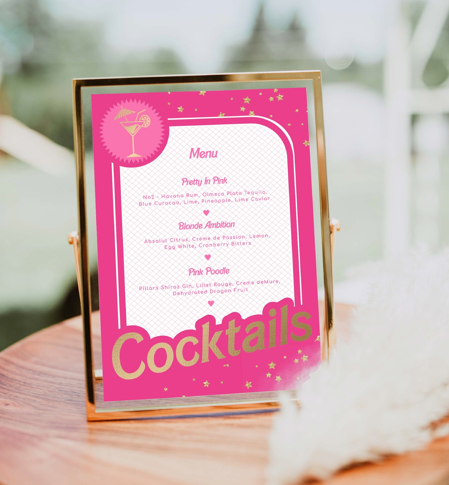 Barbie Party Hot Pink Gold | Printable Cocktails Bar Menu Sign Template