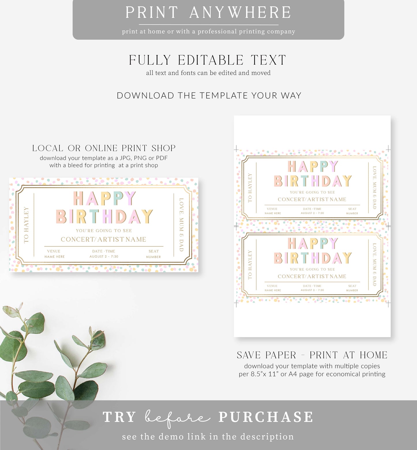 Dot Pastel | Printable Concert Gift Voucher Template