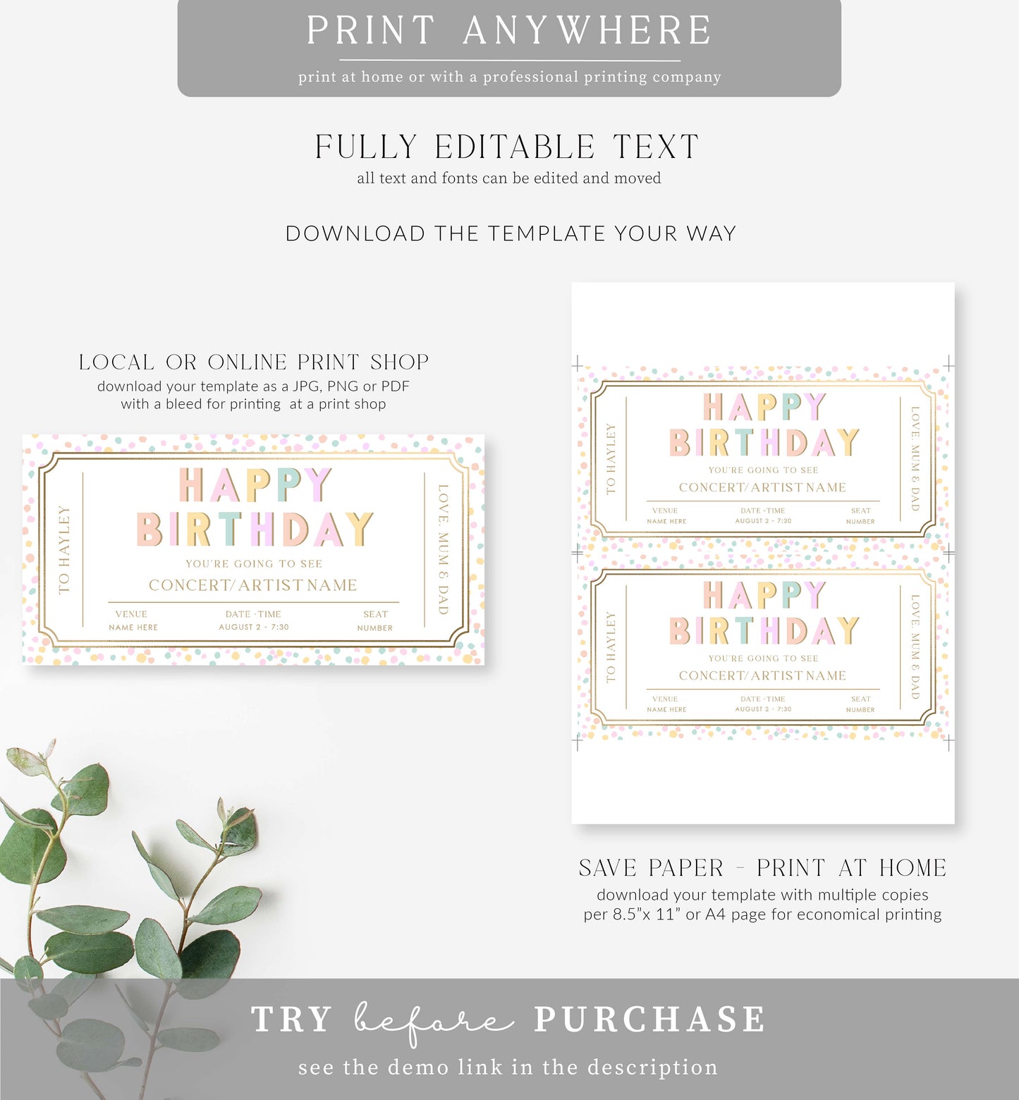 Dot Pastel | Printable Concert Gift Voucher Template