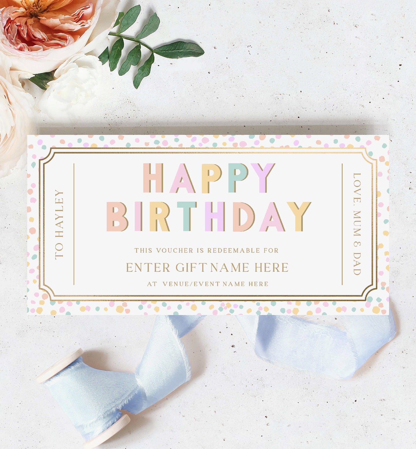 Happy Birthday Custom Gift Voucher Template, Printable Birthday Gift Certificate, Unisex Printable Birthday Gift Coupon, Pastel Dot