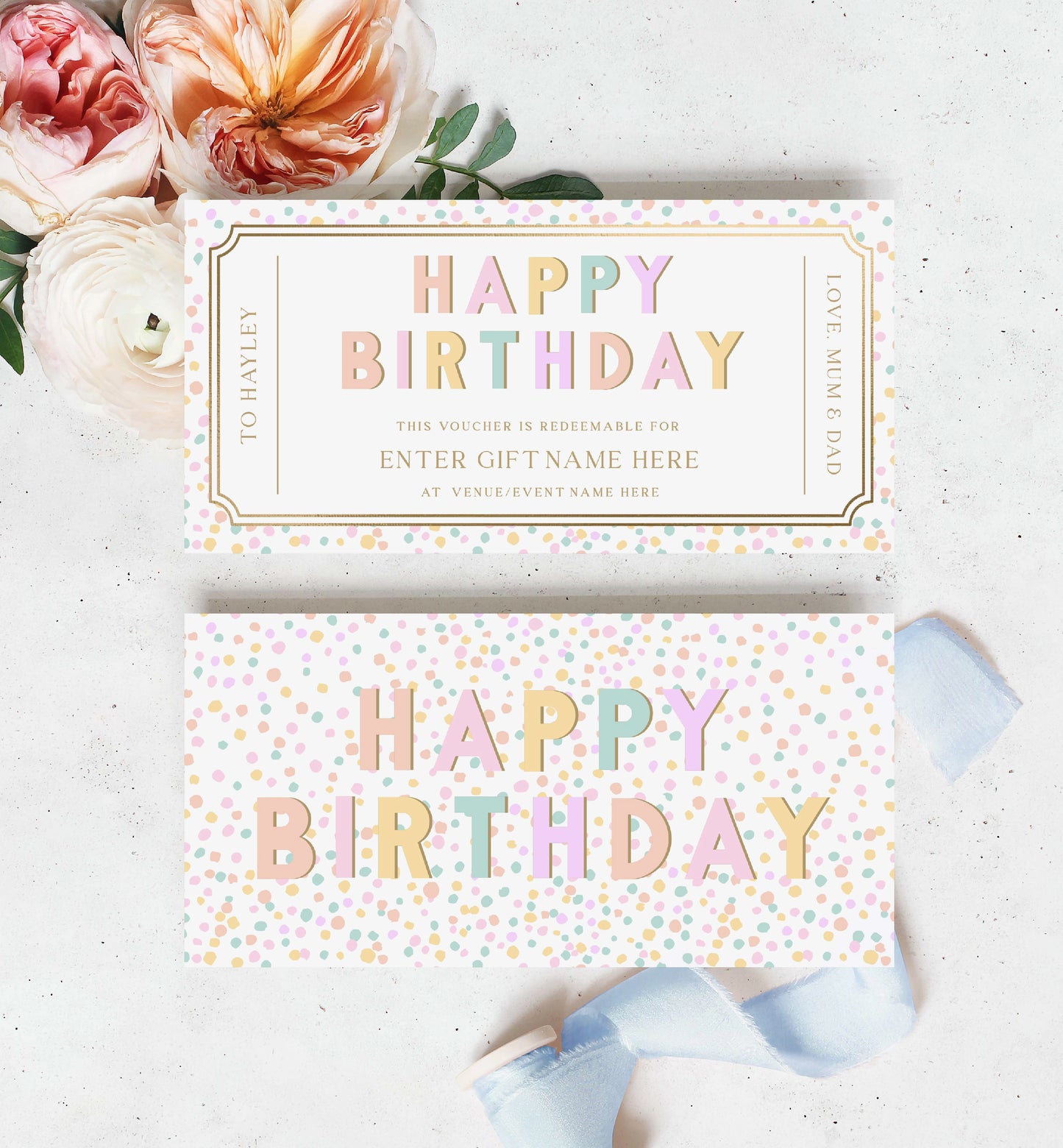 Happy Birthday Custom Gift Voucher Template, Printable Birthday Gift Certificate, Unisex Printable Birthday Gift Coupon, Pastel Dot