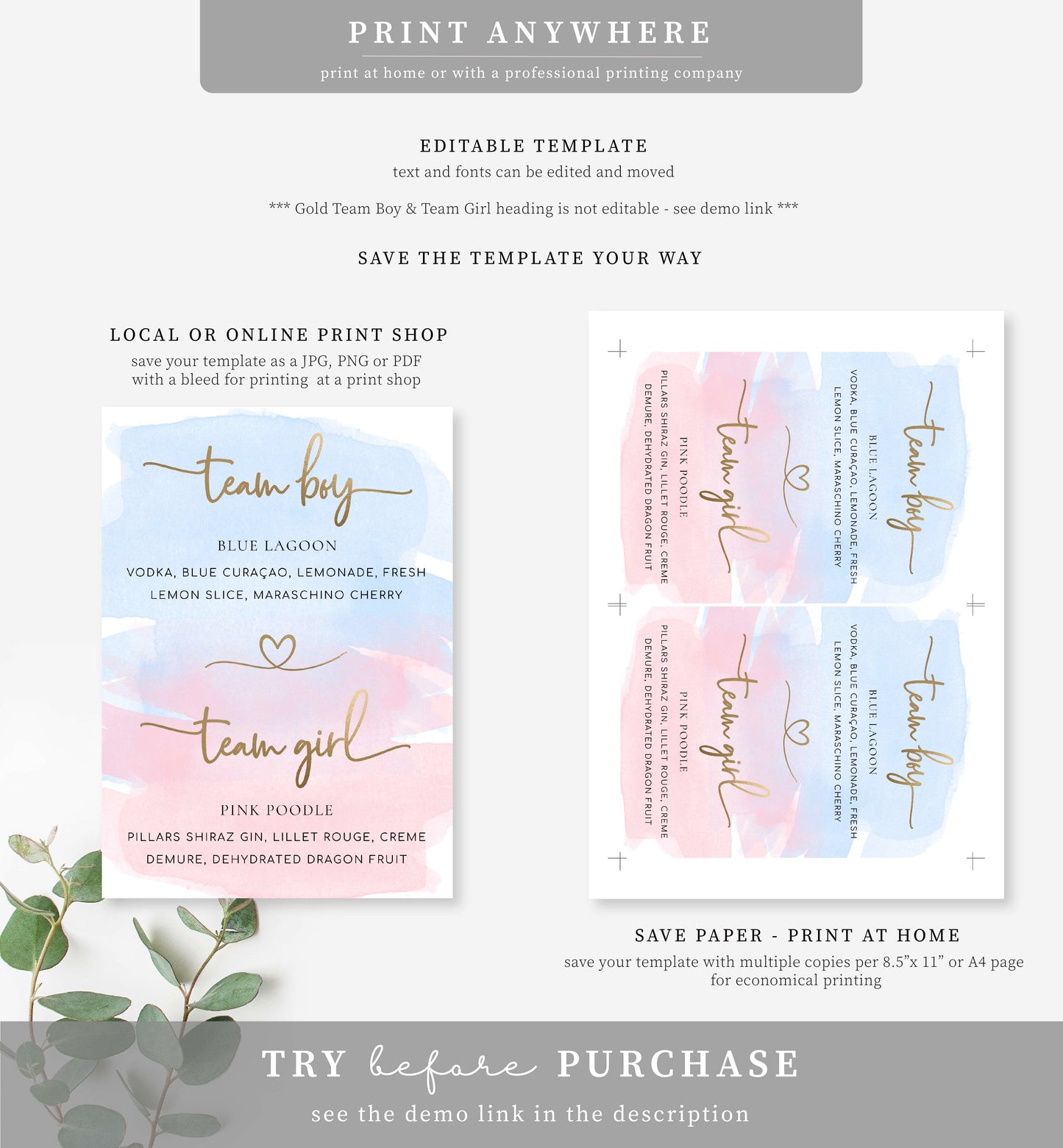 Watercolour Pink Blue | Printable Team Girl Boy Drinks Sign Template