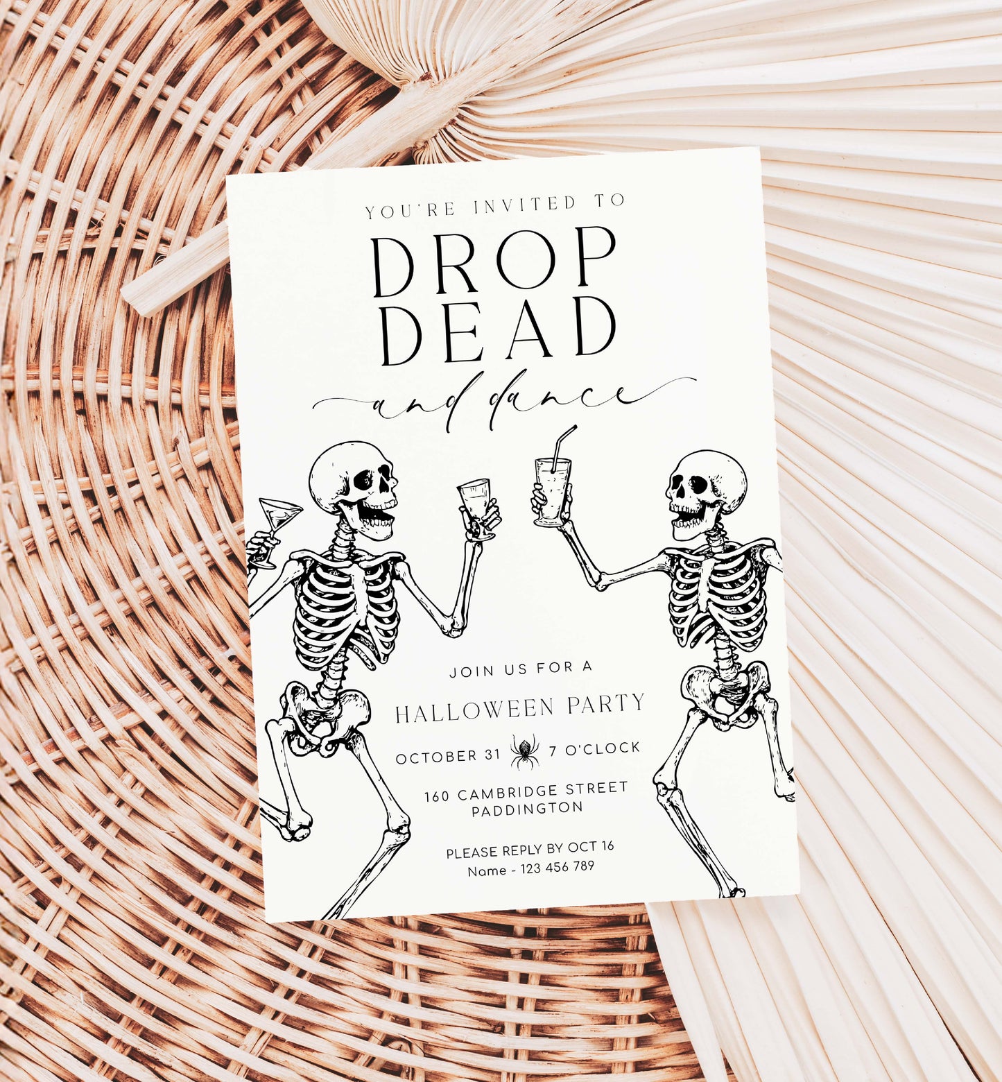 Halloween party invitation with skeletons on a woven surface. Halloween Drop Dead and Dance Invitation, Printable Halloween Costume Party Invitation, Skeletons, Adults Halloween Party, Halloween Evite