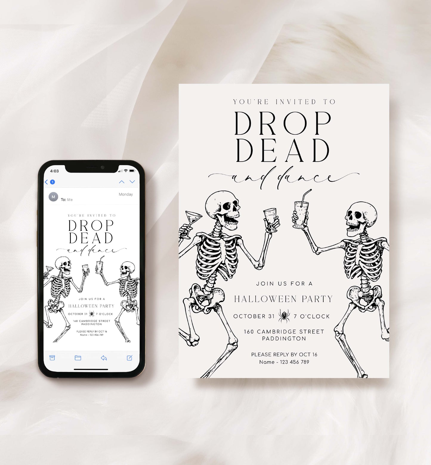 Halloween party invitation with skeletons and phone displaying the same design on a light background. Halloween Drop Dead and Dance Invitation, Printable Halloween Costume Party Invitation, Skeletons, Adults Halloween Party, Halloween Evite