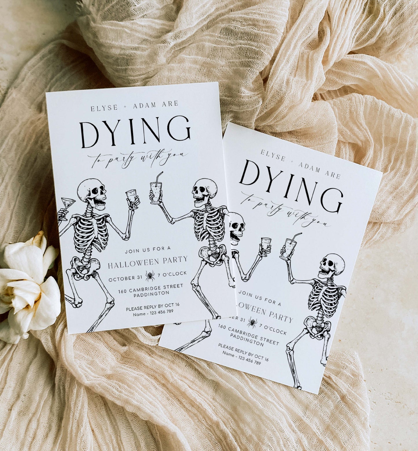 Two Halloween party invitations with skeletons on a beige fabric background. Printable Halloween Party Invitation, Halloween Custom Party Invitation, Dying To Party, Skeletons, Adults Halloween Party, Halloween Evite