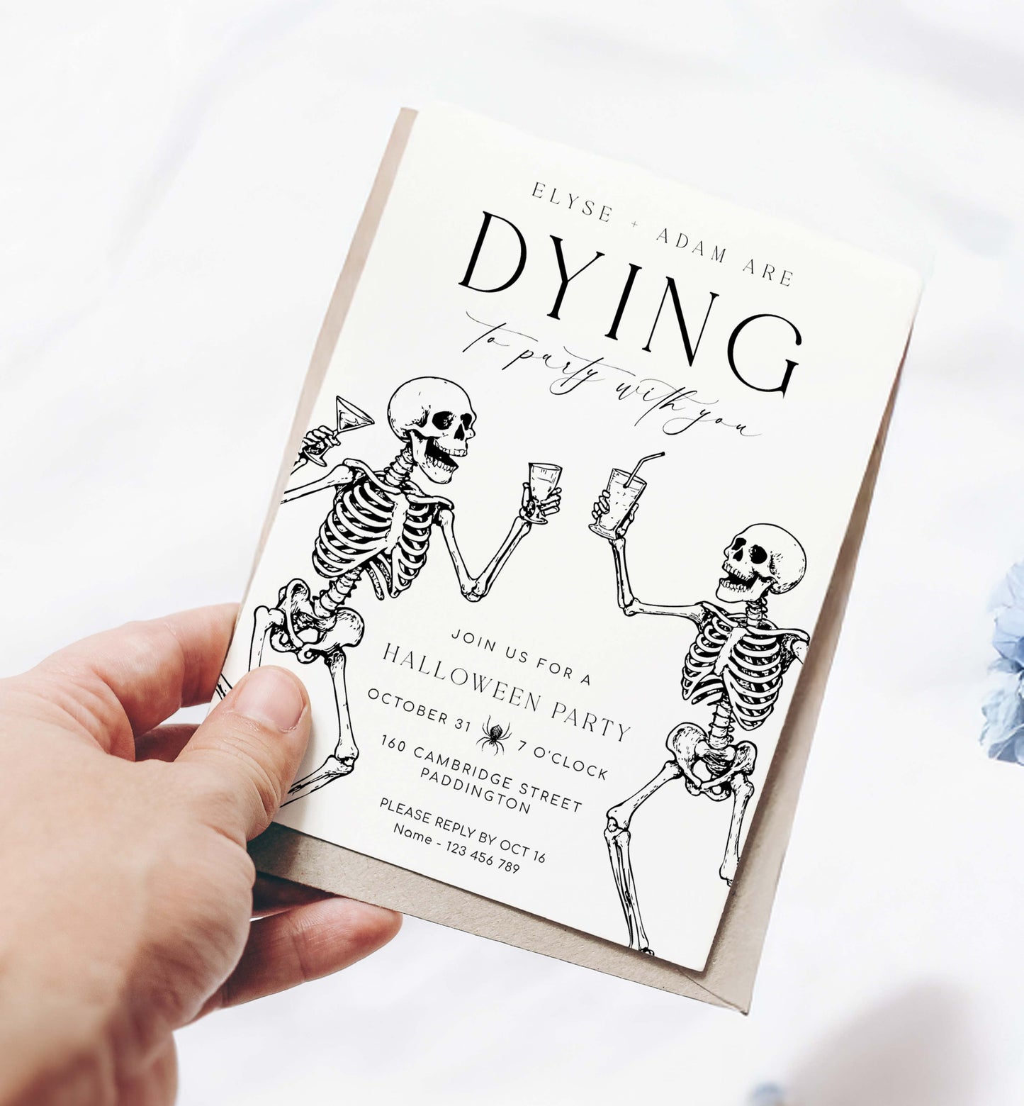 Hand holding a Halloween party invitation with skeletons on a white background. Printable Halloween Party Invitation, Halloween Custom Party Invitation, Dying To Party, Skeletons, Adults Halloween Party, Halloween Evite