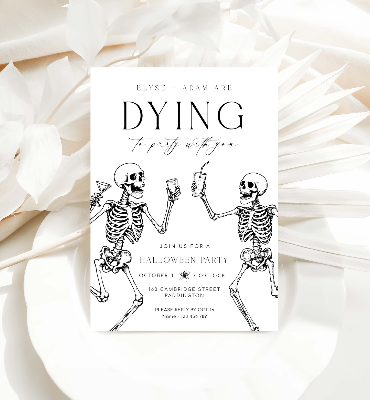 Halloween party invitation with skeletons and text on a white background. Printable Halloween Party Invitation, Halloween Custom Party Invitation, Dying To Party, Skeletons, Adults Halloween Party, Halloween Evite