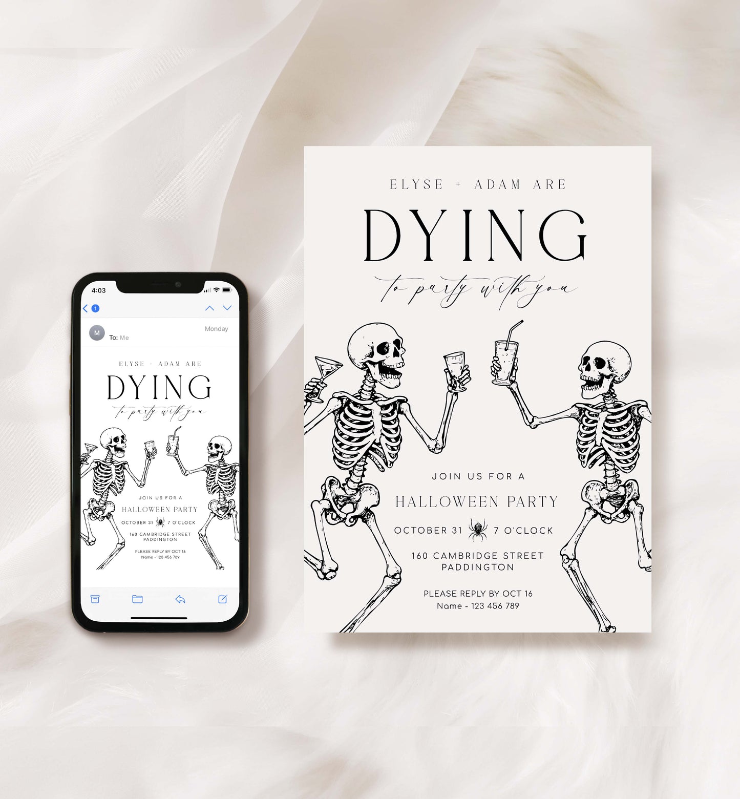 Halloween party invitation with skeletons and a phone displaying the invitation on a light background. Printable Halloween Party Invitation, Halloween Custom Party Invitation, Dying To Party, Skeletons, Adults Halloween Party, Halloween Evite