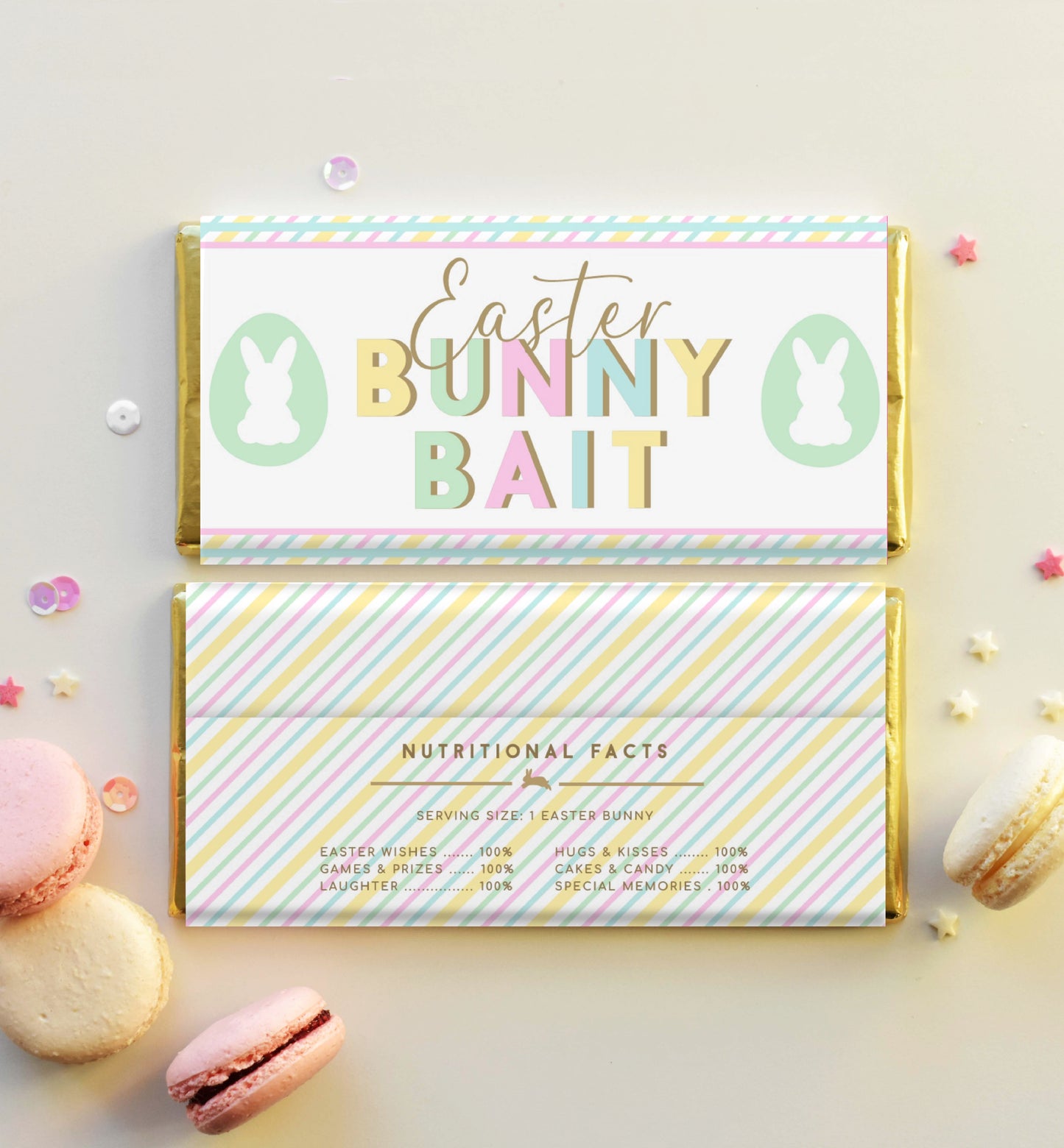 Printable Easter Bunny Bait Chocolate Wrapper Template, Editable Easter Egg Hunt Chocolate Wrapper, Multi Coloured Pastel Stripe