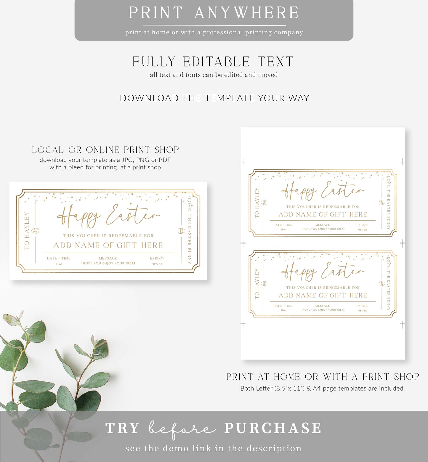 Paintly White Gold | Printable Easter Custom Gift Voucher Template