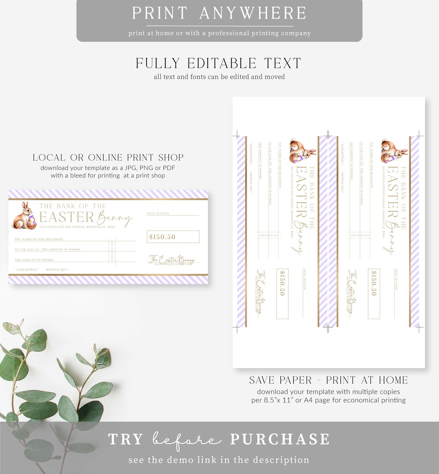 Stripe Purple | Printable Easter Cheque Gift Voucher Template