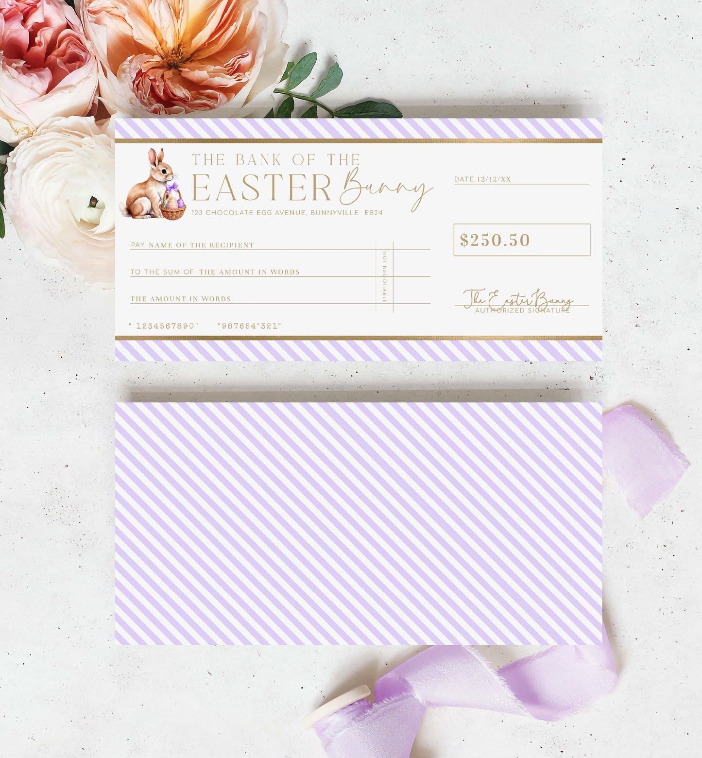 Easter Cheque Template, Fake Bank Cheque Gift Voucher, Custom Printable Gift Certificate Easter Present, Easter Bunny Gift Coupon, Stripe