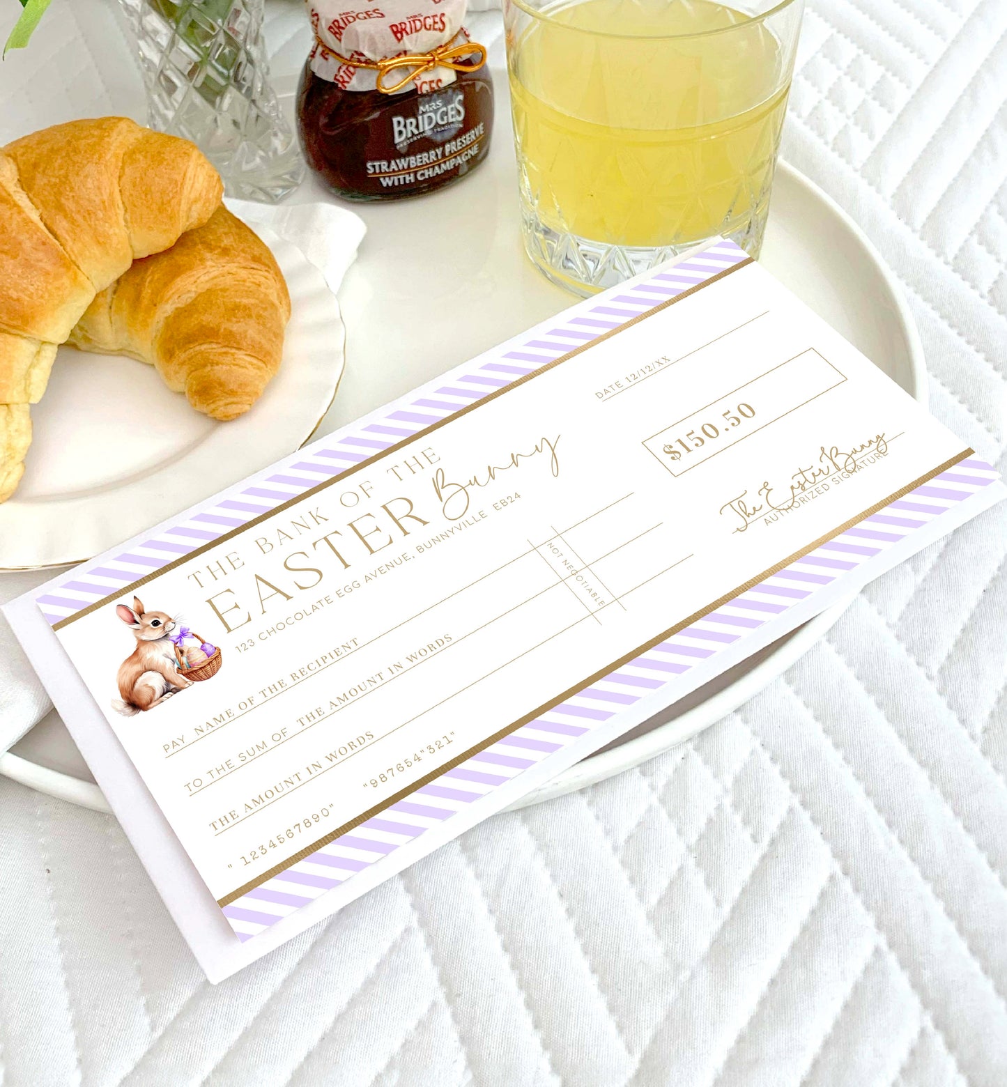 Easter Cheque Template, Fake Bank Cheque Gift Voucher, Custom Printable Gift Certificate Easter Present, Easter Bunny Gift Coupon, Stripe