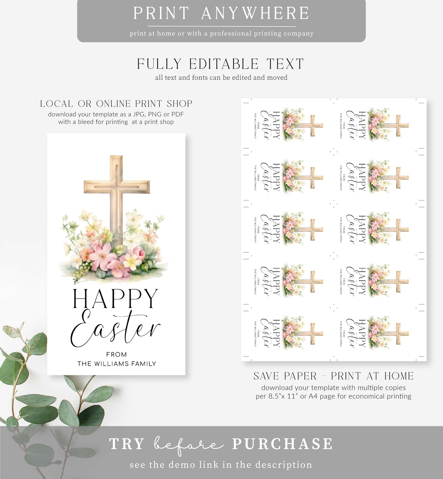 Easter White | Printable Happy Easter Tag Template