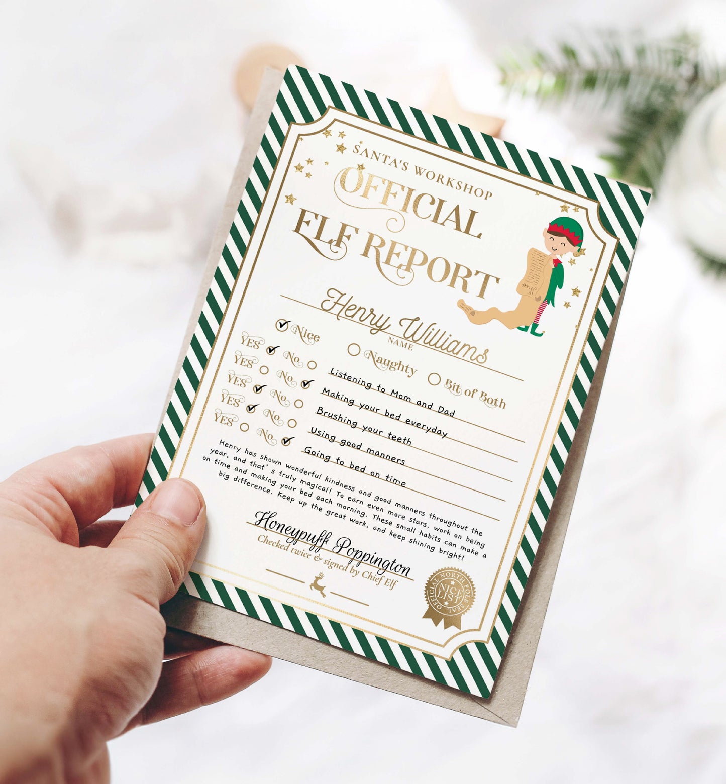 Printable Elf Report Card Template, North Pole Elf Mail Report Letter, Santa's Workshop Christmas Elf Arrival Box, Stripe