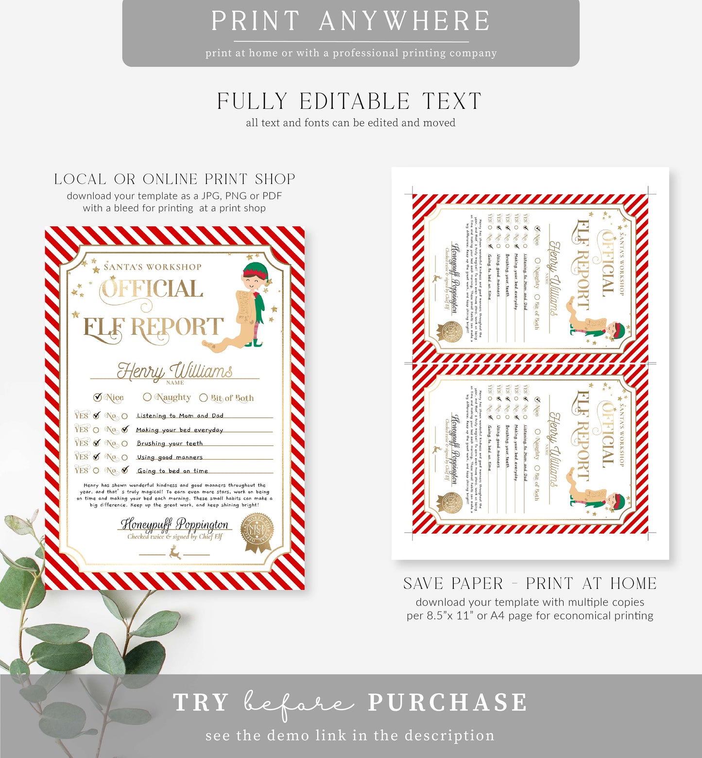 Santa's Workshop Red | Printable Christmas Elf Report Card Template