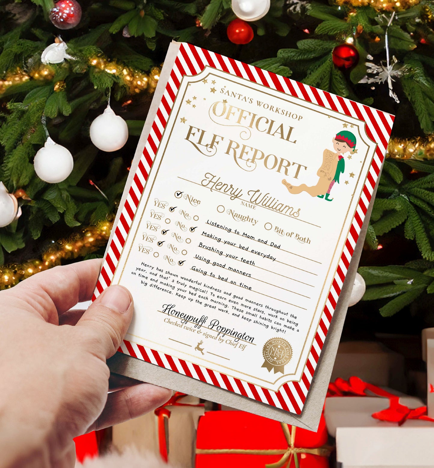 Printable Elf Report Card Template, North Pole Elf Mail Report Letter, Santa's Workshop Christmas Elf Arrival Box, Stripe