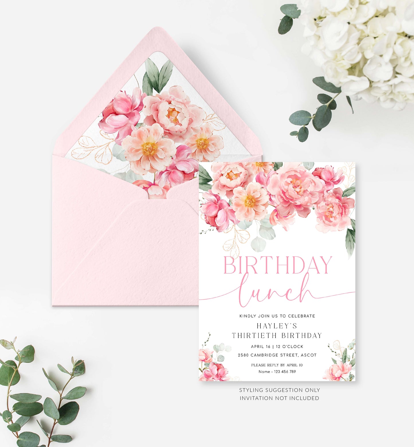 Printable Peony Floral Envelope Liner Template, Euro and Square Flap Envelope Liner Template, Bridal Shower Invite, Baby Shower Invite