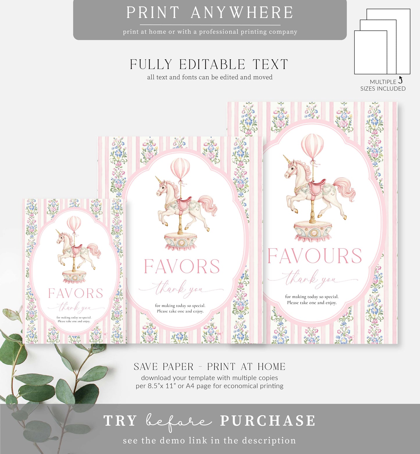 Carousel Pink | Printable Favours Sign Template