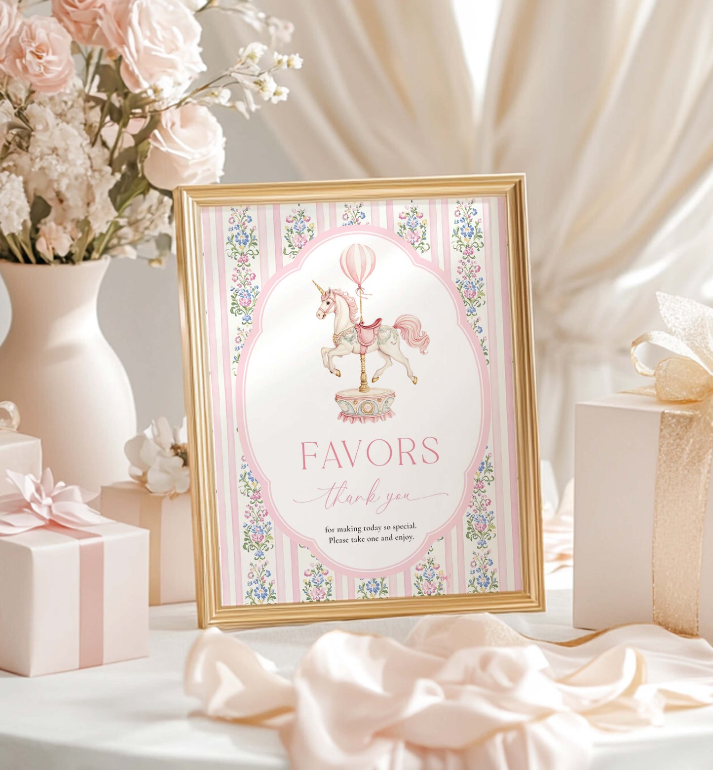 Decorative sign with 'Favors' and 'thank you' text, surrounded by flowers and gifts. Printable Favors Sign, Vintage Carousel Unicorn Horse, Girl Baby Shower Thank You Favors Sign, Pink Girl First Birthday Party Favors Sign