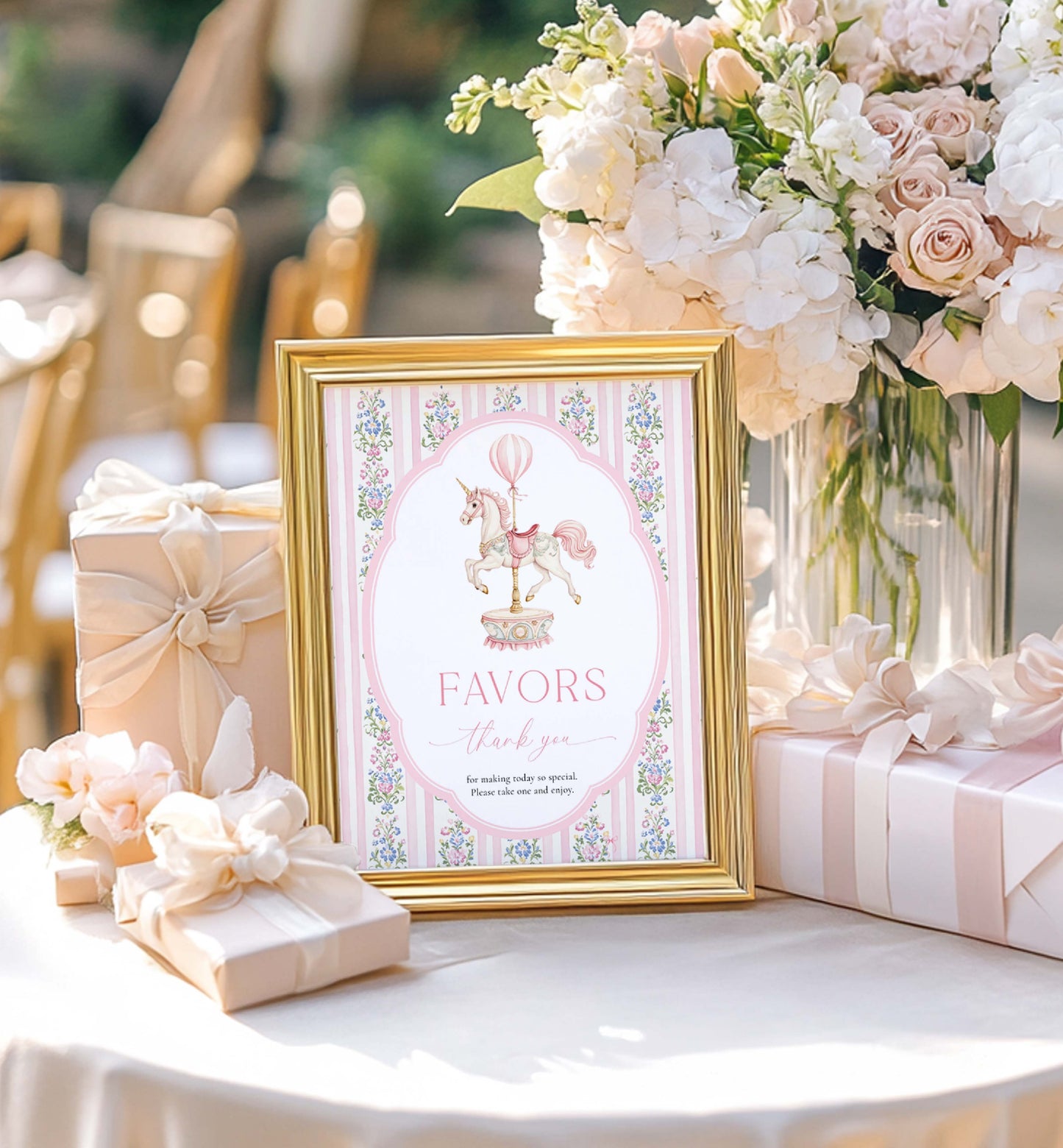 Decorative table setting with a framed 'Favors' sign, flowers, and gift boxes. Printable Favors Sign, Vintage Carousel Unicorn Horse, Girl Baby Shower Thank You Favors Sign, Pink Girl First Birthday Party Favors Sign