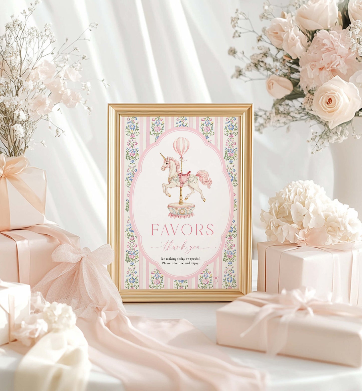 Decorative frame with floral design and 'Favors' text, surrounded by pink gift boxes and flowers. Printable Favors Sign, Vintage Carousel Unicorn Horse, Girl Baby Shower Thank You Favors Sign, Pink Girl First Birthday Party Favors Sign