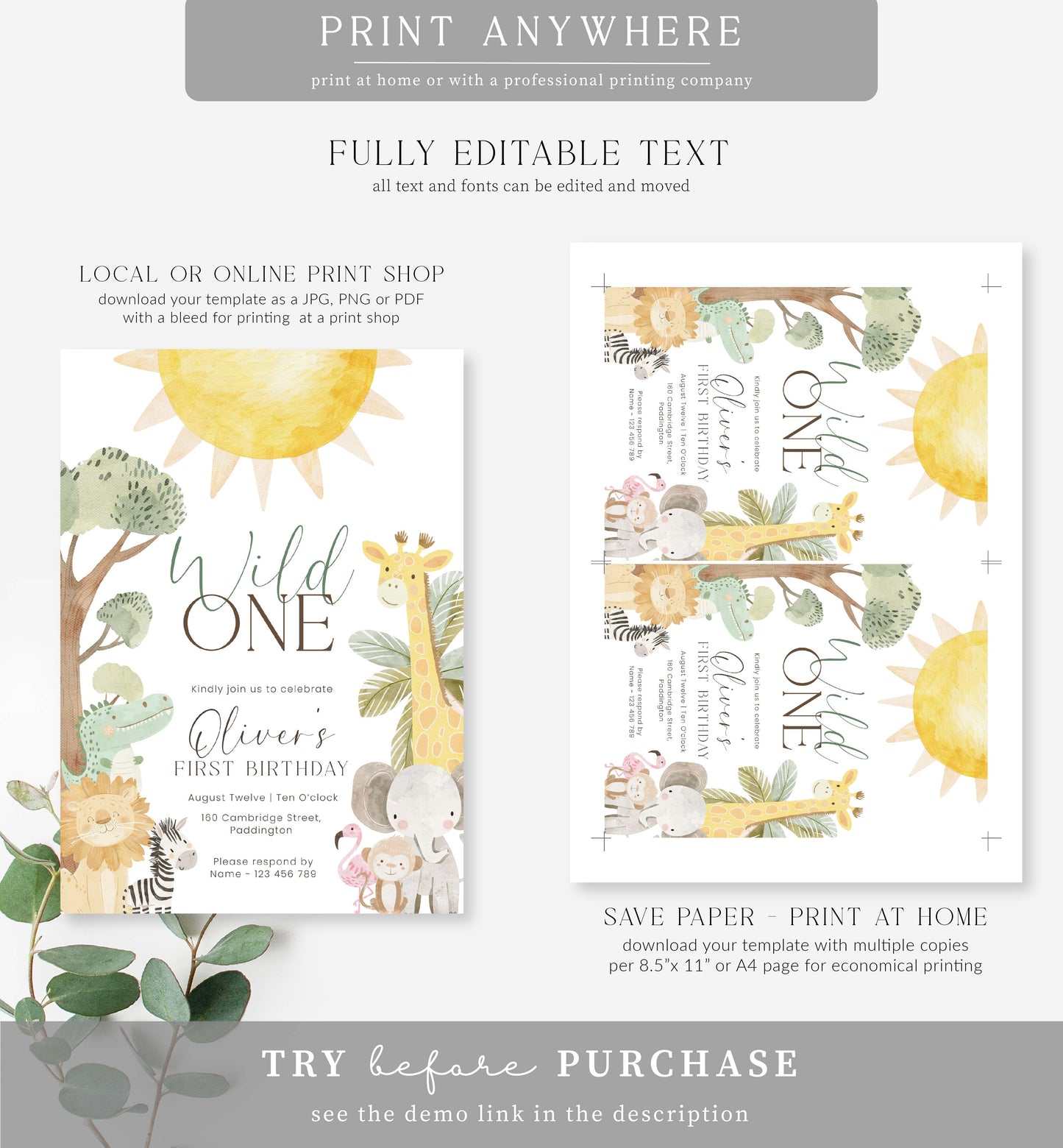 Nyala Safari | Printable First Birthday Invitation Template