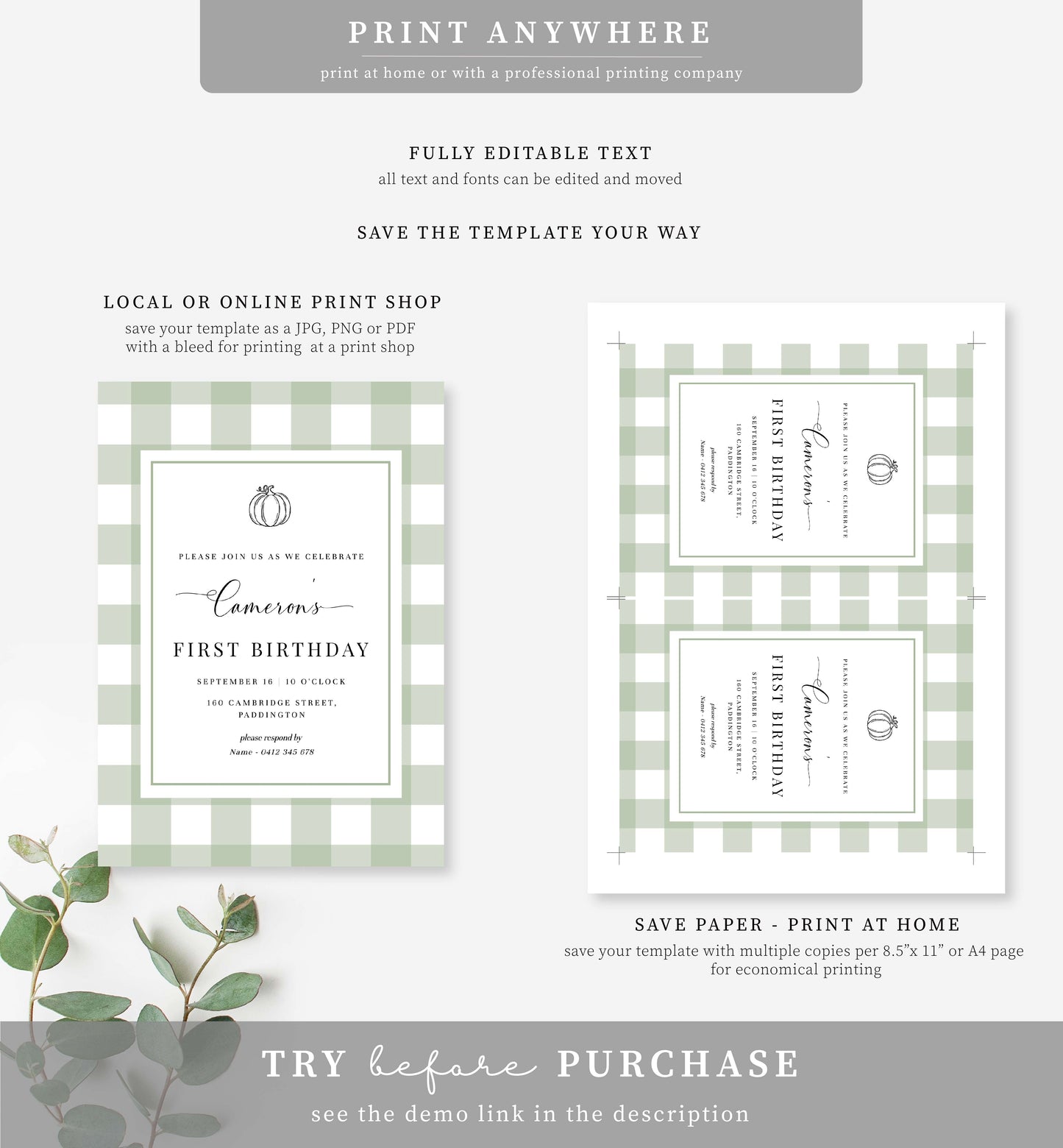 Gingham Sage Green Pumpkin | Printable Birthday Invitation Template