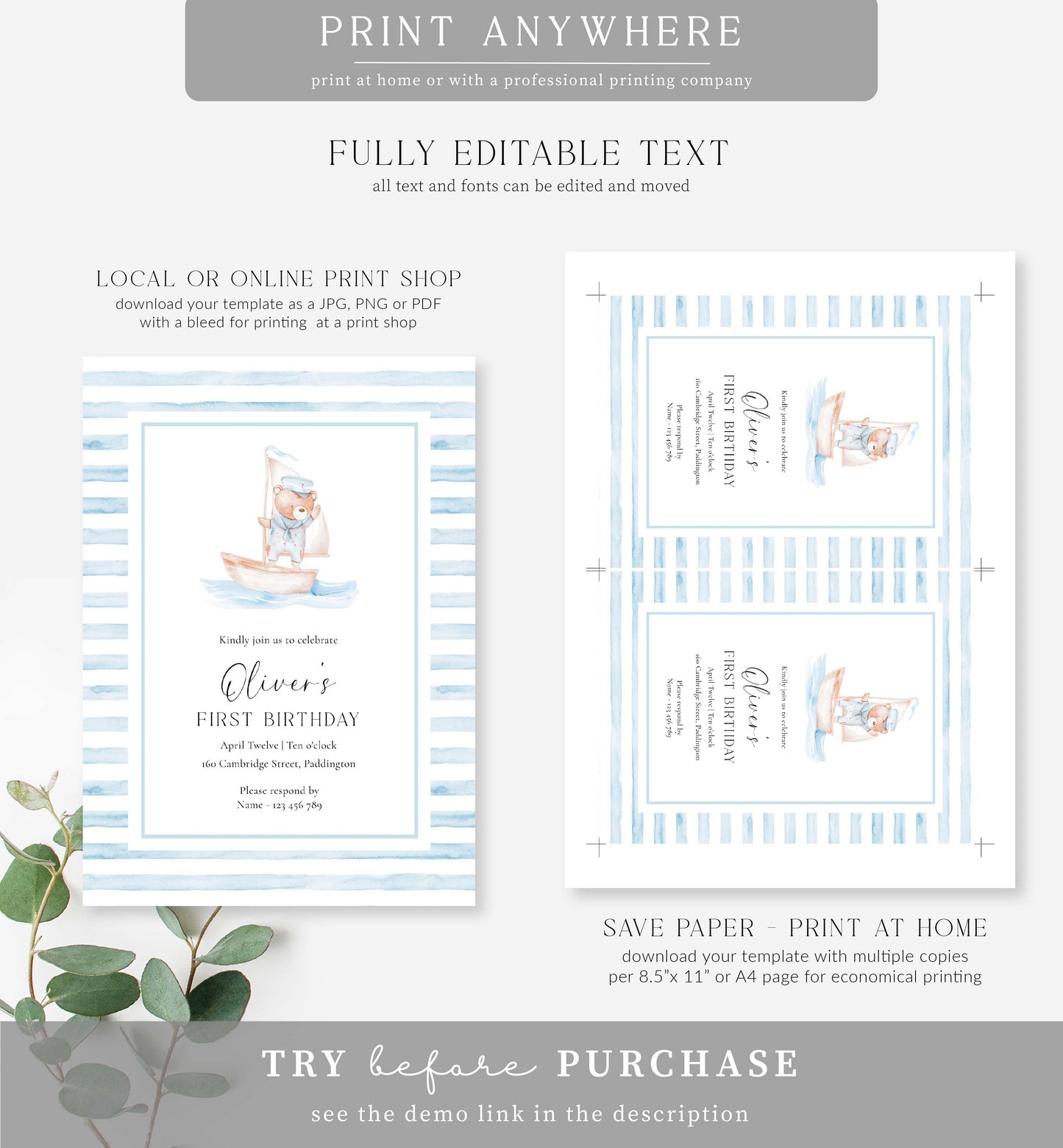 Sailor Bear Boat Blue | Printable Birthday Invitation Template
