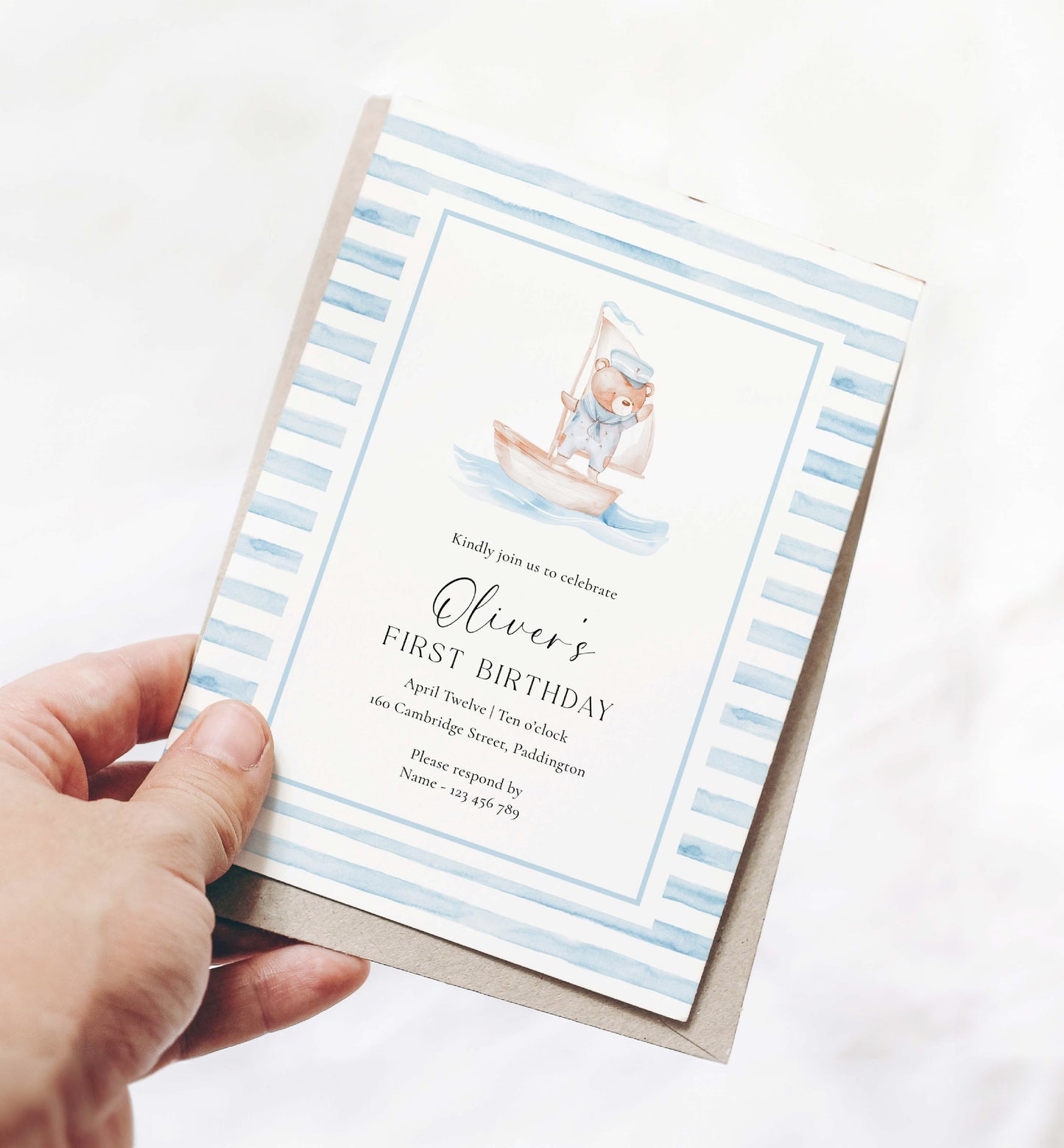 Printable Teddy Bear First Birthday Invitation Template, Sailor Bear, Blue Stripe Boy Birthday Invitation, Nautical First Birthday Evite