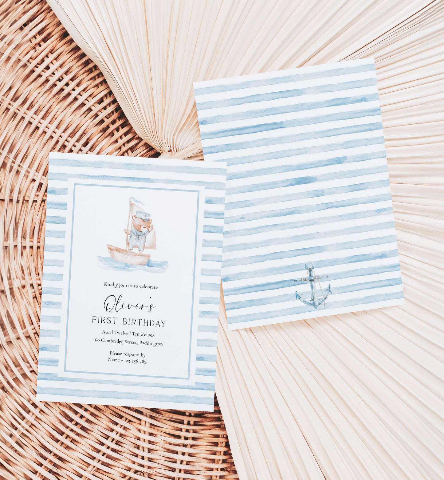 Printable Teddy Bear First Birthday Invitation Template, Sailor Bear, Blue Stripe Boy Birthday Invitation, Nautical First Birthday Evite